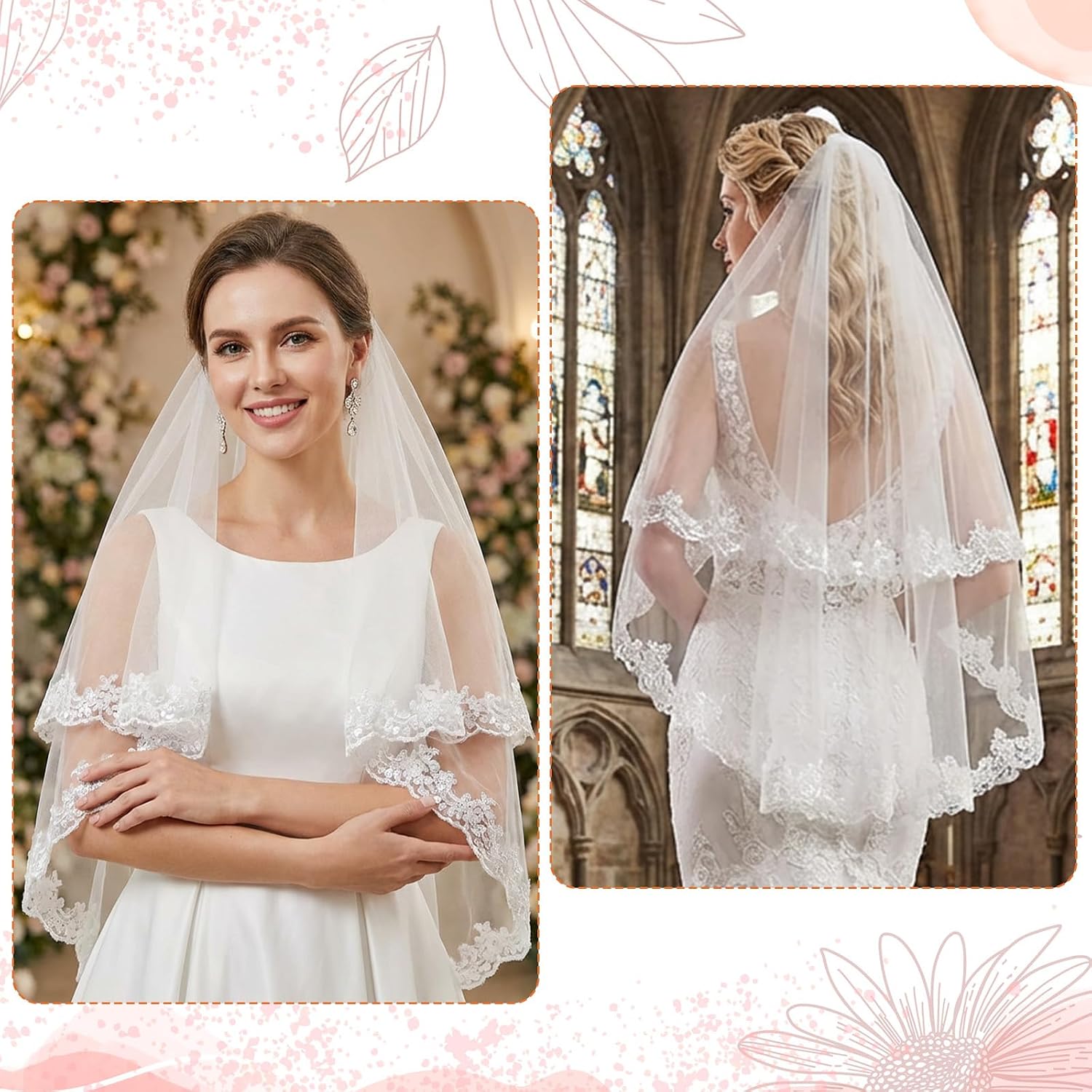 White Lace Wedding Bridal Veil with Comb, 2 Tier Floral Edge Bridal Tulle Veil, Lace Embroidery Appliques Bridal Veils for Bachelorette Party Bridal Shower Flower Girl