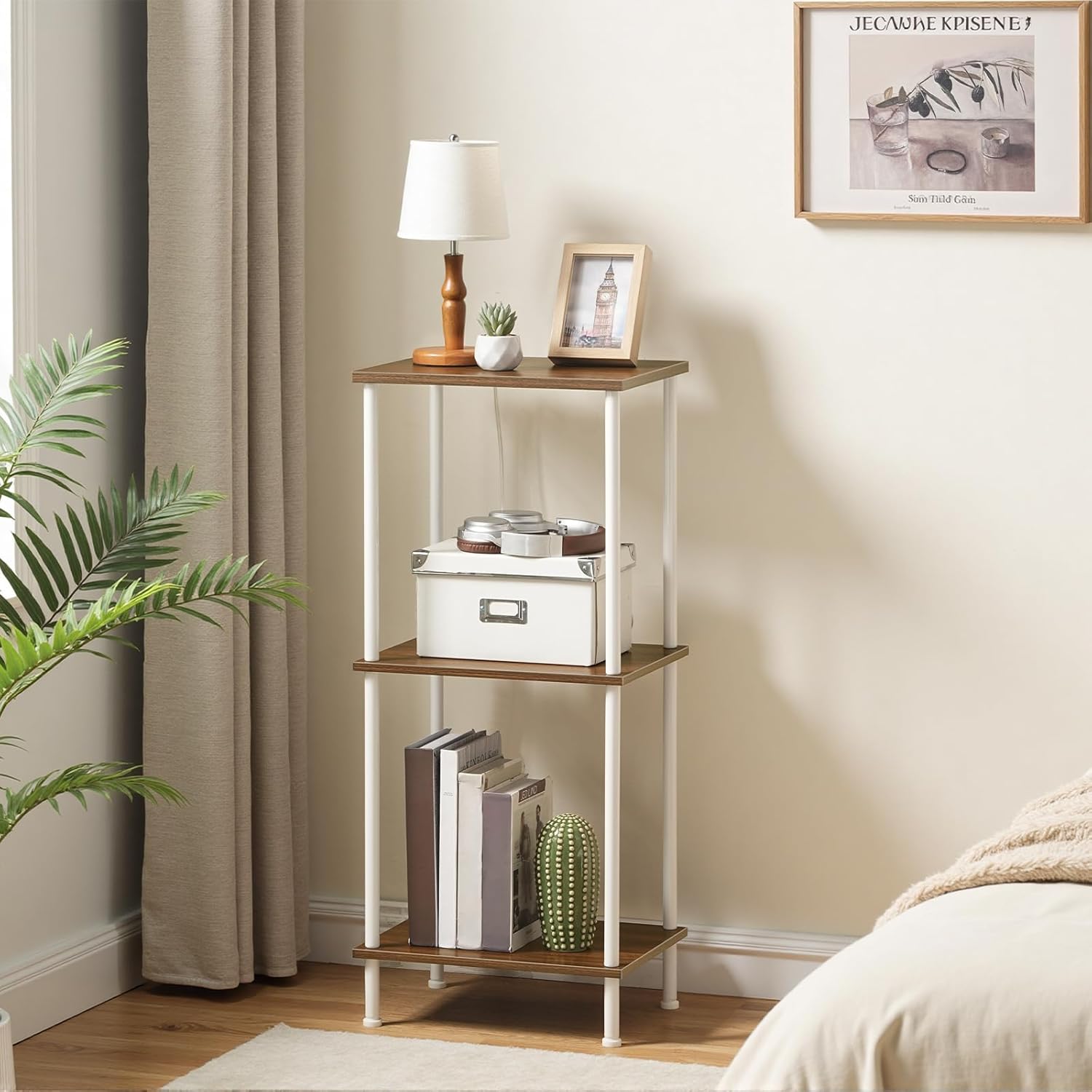 HOOBRO End Tables, Small Side Table, Nightstand with 2-Layer Storage Shelves, Sofa Table for Small Spaces, Living Room, Bedroom, Stable Frame, Easy Assembly, Walnut and White WH09BZ01