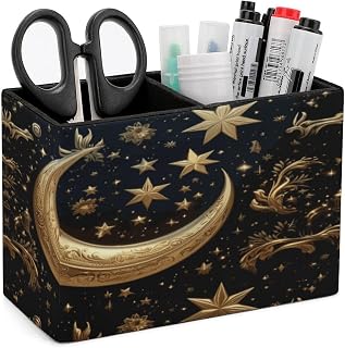 Rectangle Pen Holder Golden Stars And Moon Desk Organizer Pencil Cup | PU Leather Desktop Caddy Container Case with 2 Slots, Stationery Pens Remotes Makeup Brushes Essentials Home Office Supply