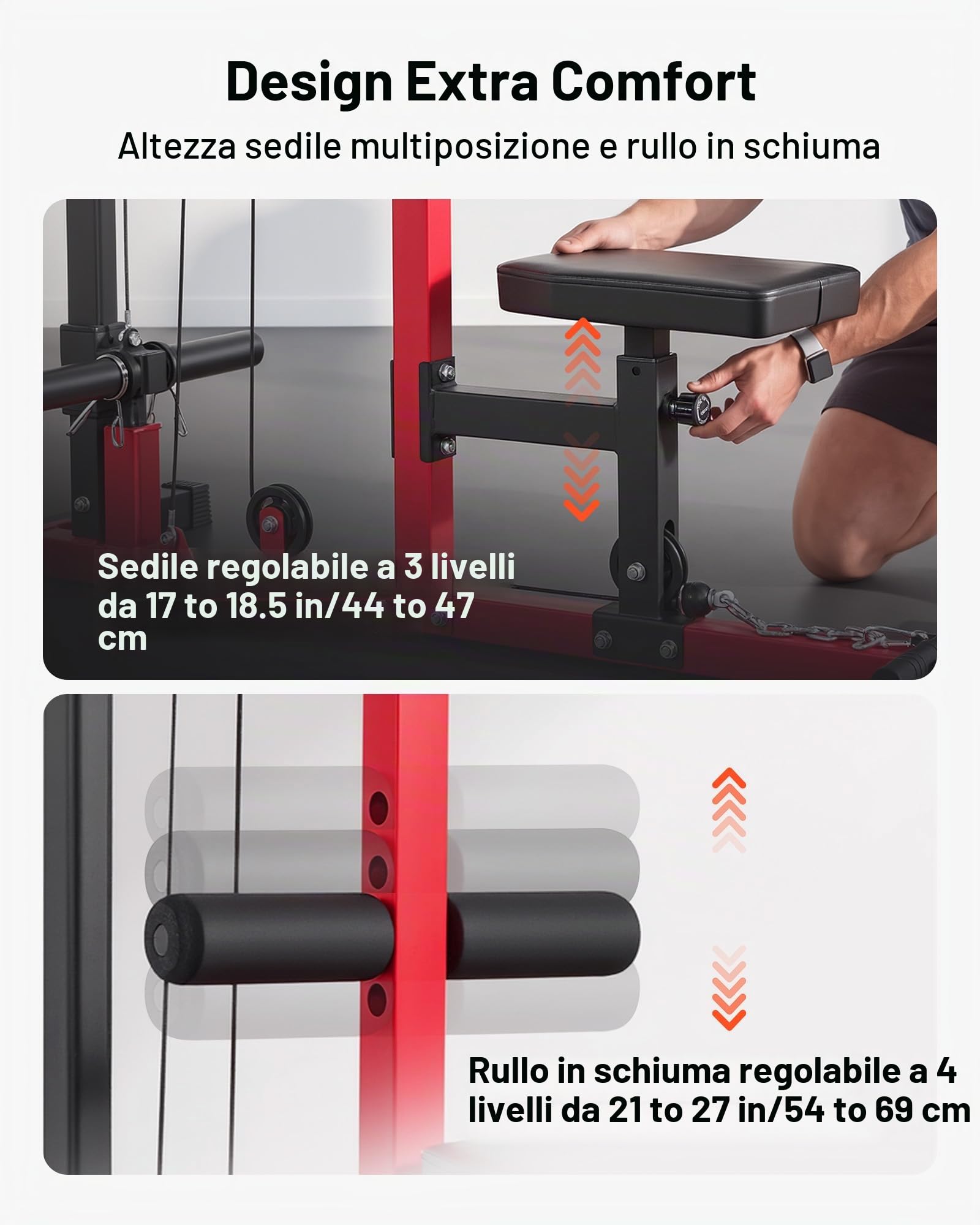 VEVOR LAT - Macchina per cavi 3 in 1, con sedile regolabile a 3 livelli, rullo in schiuma regolabile a 4 livelli, carico 400/226,8 kg, torre LAT per schiena, petto, tricipiti