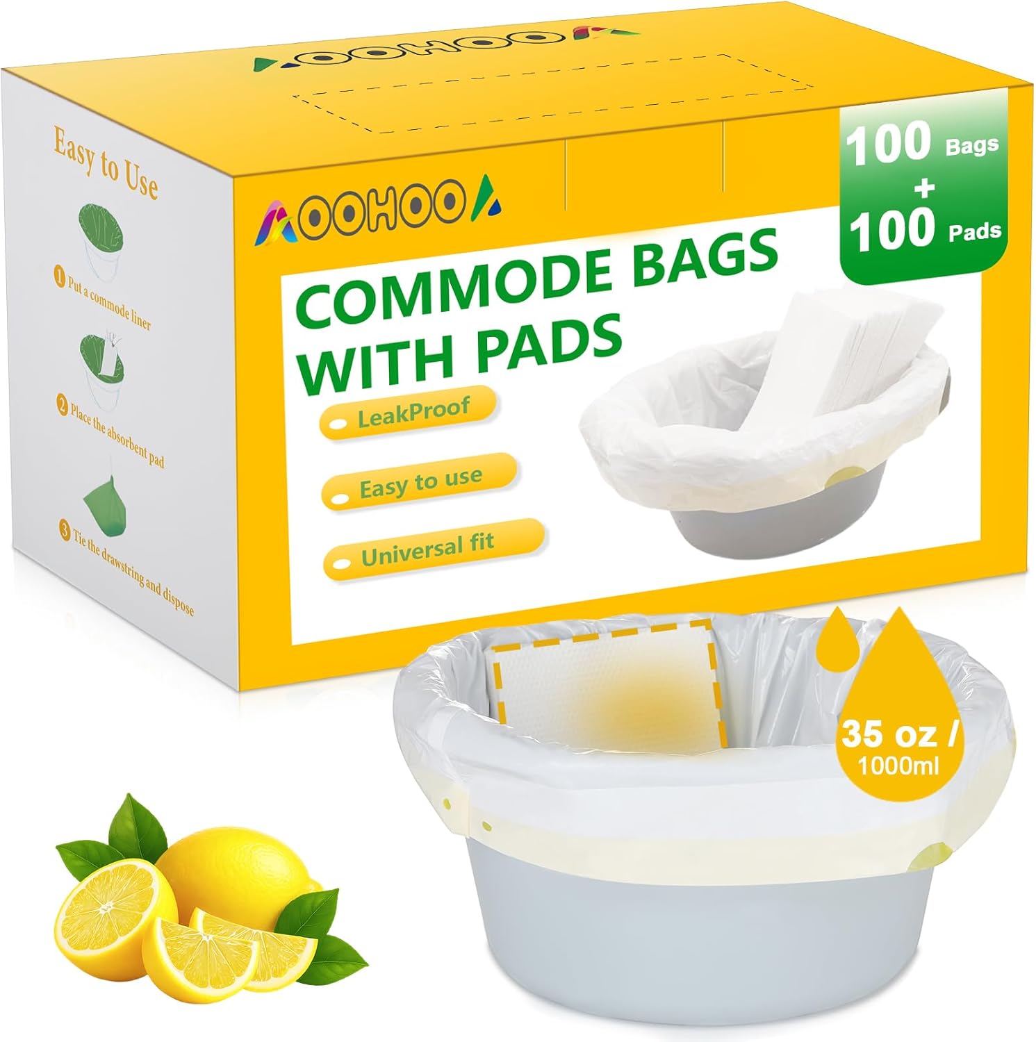 Bedside Commode Liners with Pads | 100 Commode Bags+100 Absorbent Pads | Leak-Guard | Rapid Absorption | Lemon Scented | Bedpan | Bedside Commode | Camping Toilet