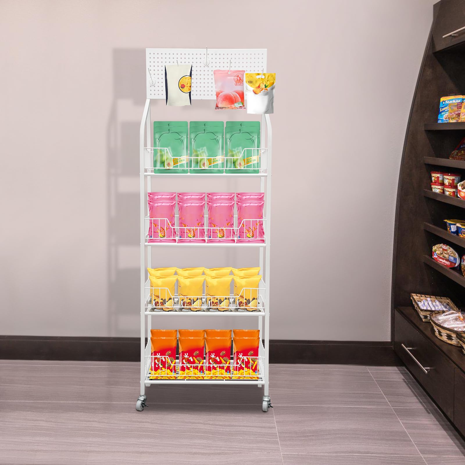 banborba 4-Tier Retail Display Rack, Retail Display Stand, Free-Standing Snack Candy Display Shelf Cart, Market Shelf, Metal Wire Storage Cart, Fruit Vegetable Snack Stand Rack with Wheels & 5 Hooks