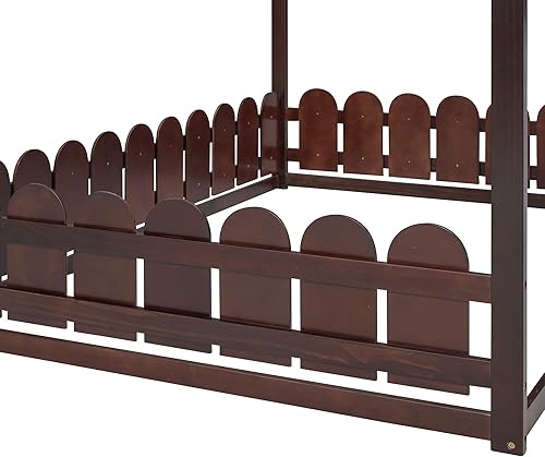 Miniatura 7 de Montessori - Base de cama de tamaño matrimonialcasa, cama de piso para niños, cama de piso Montessori con valla, puerta y chimenea, color espresso