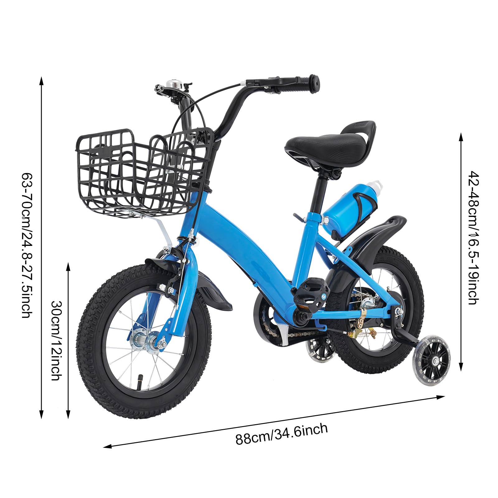 Bicicleta infantil de 12 pulgadas para niños y niñas, 2-5 años, altura ajustable, con ruedas estabilizadoras, cesta y botella de agua, freno delantero y trasero, protector de cadena, rueda