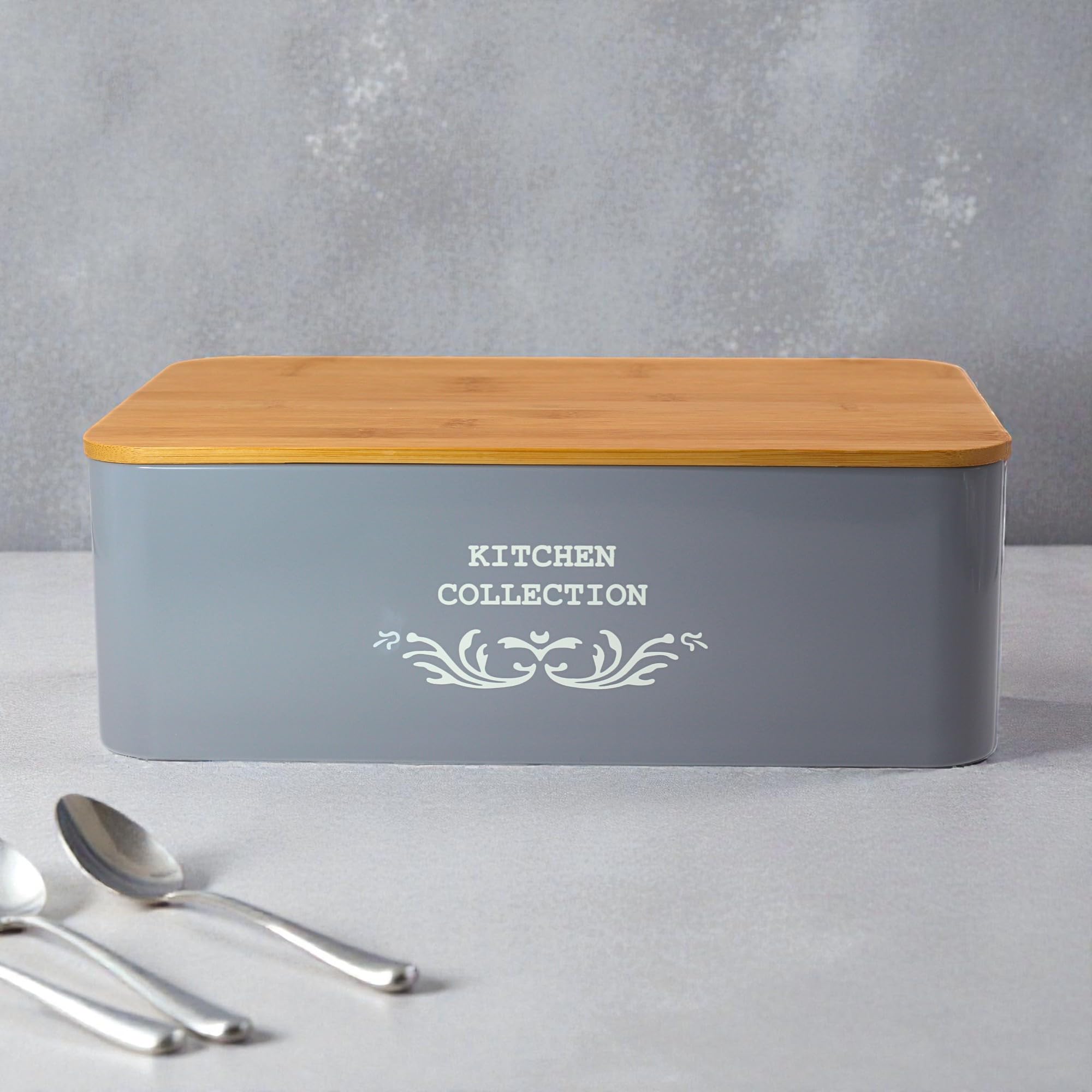 Portapane in Metallo con Coperchio in Bambù – Design Vintage – Contenitore Pane da Cucina 35x23x12,5 cm – Scatola Pane Elegante e Salvaspazio