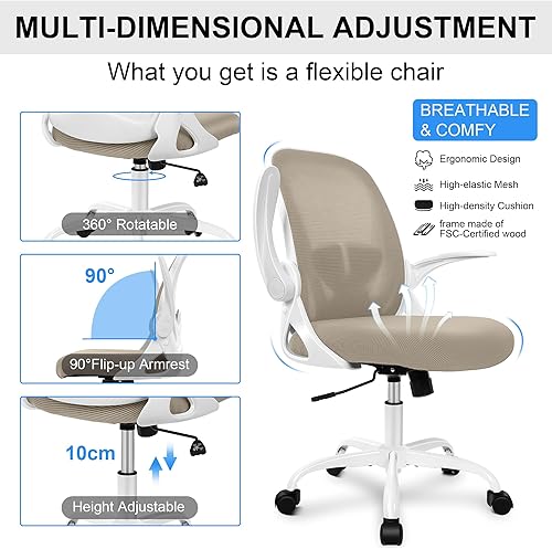Miniatura 6 de Primy Silla de oficina ergonómica con reposabrazos abatibles, silla giratoria de malla transpirable para computadora con soporte lumbar ajustable y