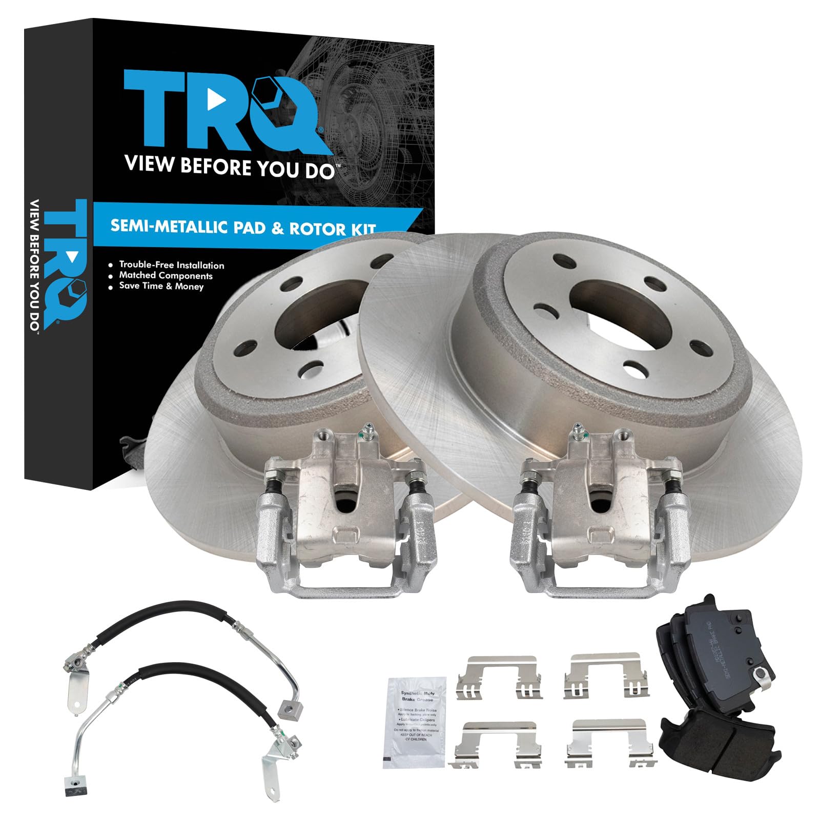TRQ Rear Brake Pad &amp; Rotor Kit Semi-Metallic Compatible with 2009 Dodge Challenger