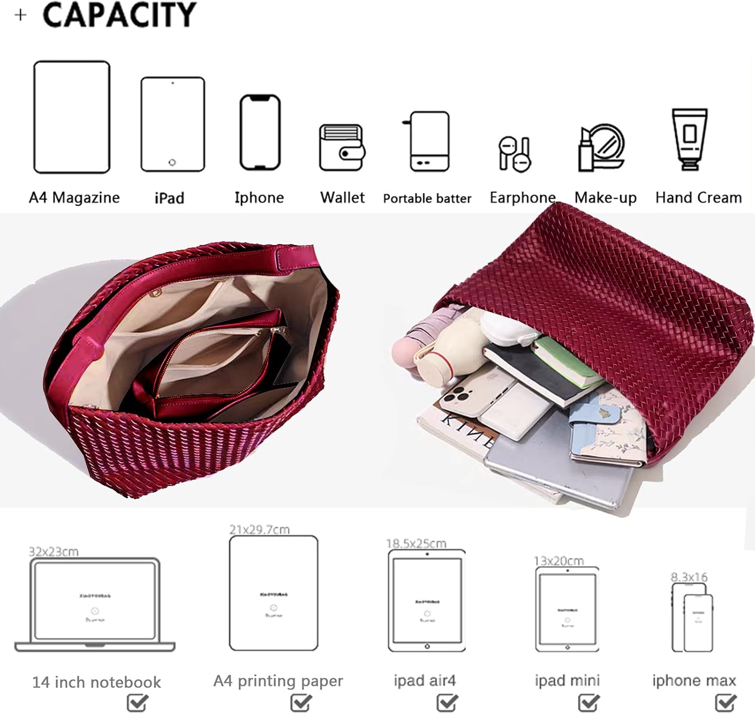 JINMANXUE Woven Tote Bag for Women, Travel Hobo Purse Crossbody Shoulder Handbag, Work Satchel, Adjustable Strap Fit 13" iPad