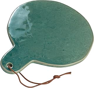 Creative Co-Op, Aqua Round Stoneware Cheese Board with Leather Tie, Large