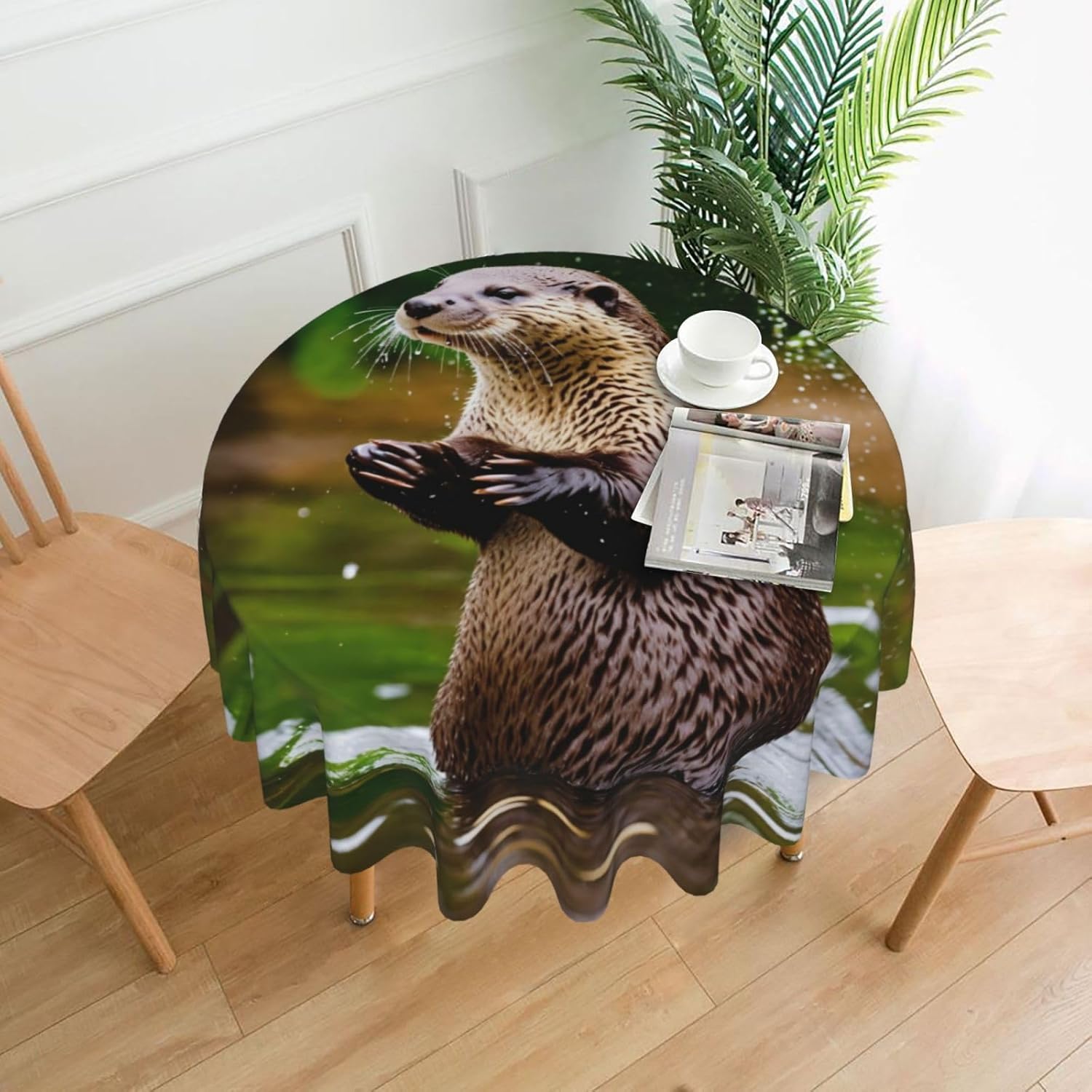 Animal Cute Brown Otters Print Wrinkle Free Dining Table Cover for Birthday Party Farmhouse Tablecloths Up to 60 x 60 Inches