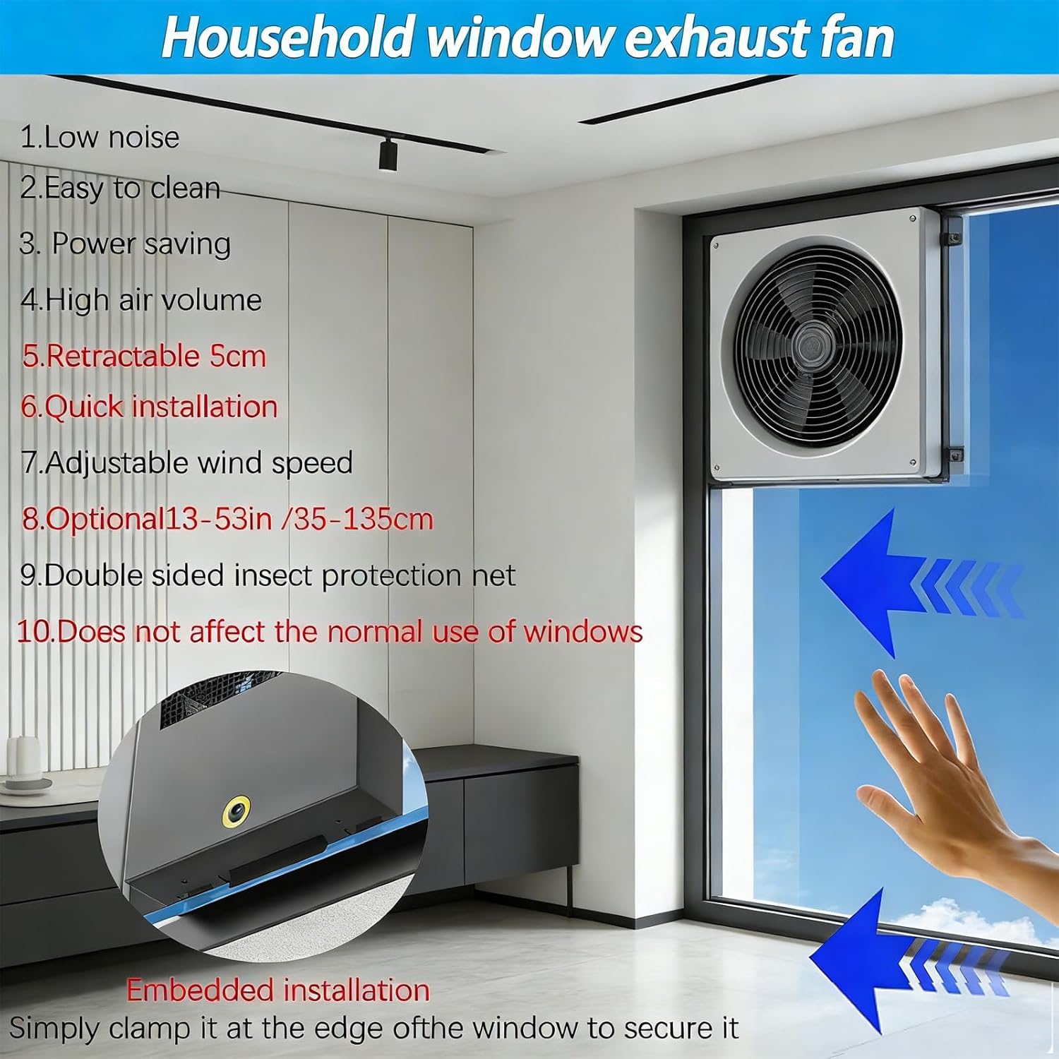 Retractable Window Exhaust Fan, No-Drill Installation, Vertical Window Fan for Sliding Windows, Adjustable Speed for Home and Kitchen (Black,40-45cm)