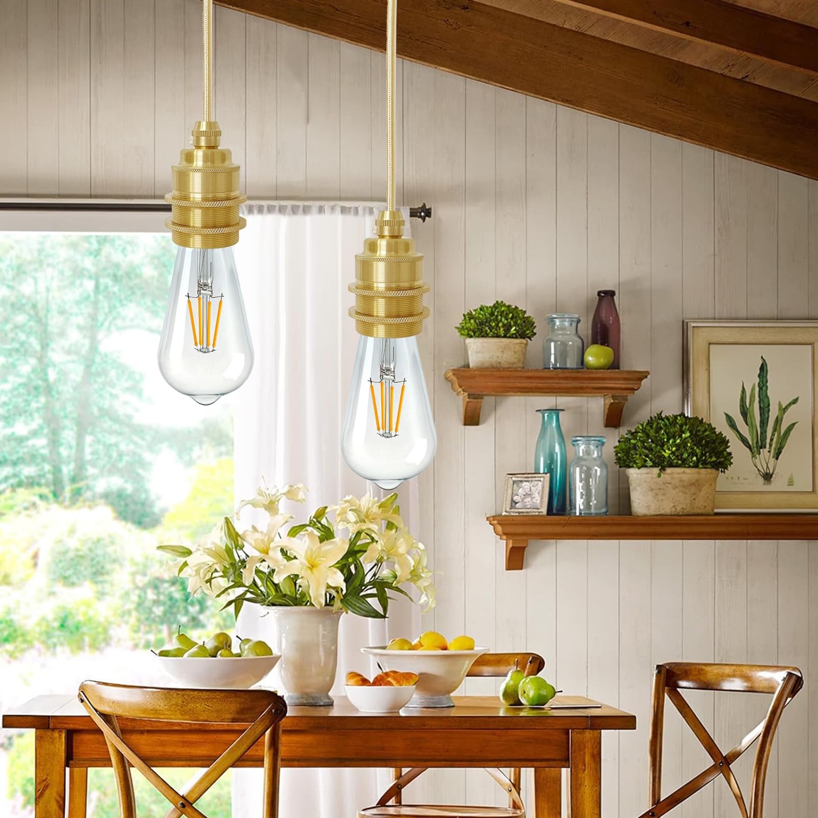 3 Stücke Gold Lampenaufhängung, E27 Metall Retro Lampenfassung Pendelleuchte 120cm Textilkabel Höhenverstellbar Vintage Hängeleuchte, DIY Hängelampe für Küche Wohnzimmer Esszimmer (Ohne Glühbirne)