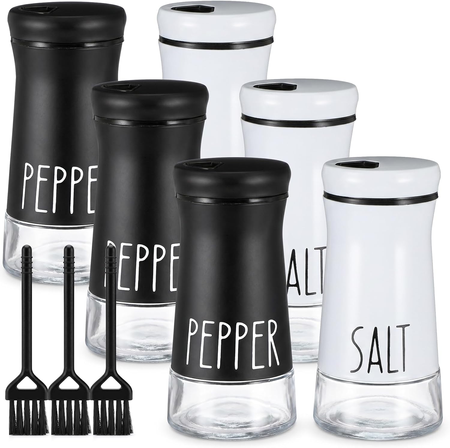 Sibba 6 Pack Salt and Pepper Shakers Set Farmhouse Salt and Pepper Shaker with Adjustable Pour Holes and Brushes, 3.5 oz Glass Bottom Refillable Salts Shaker for Modern Home Kitchen Decor, Black White