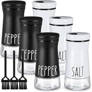 Sibba 6 Pack Salt and Pepper Shakers Set Farmhouse Salt and Pepper Shaker with Adjustable Pour Holes and Brushes, 3.5 oz Glass Bottom Refillable Salts Shaker for Modern Home Kitchen Decor, Black White