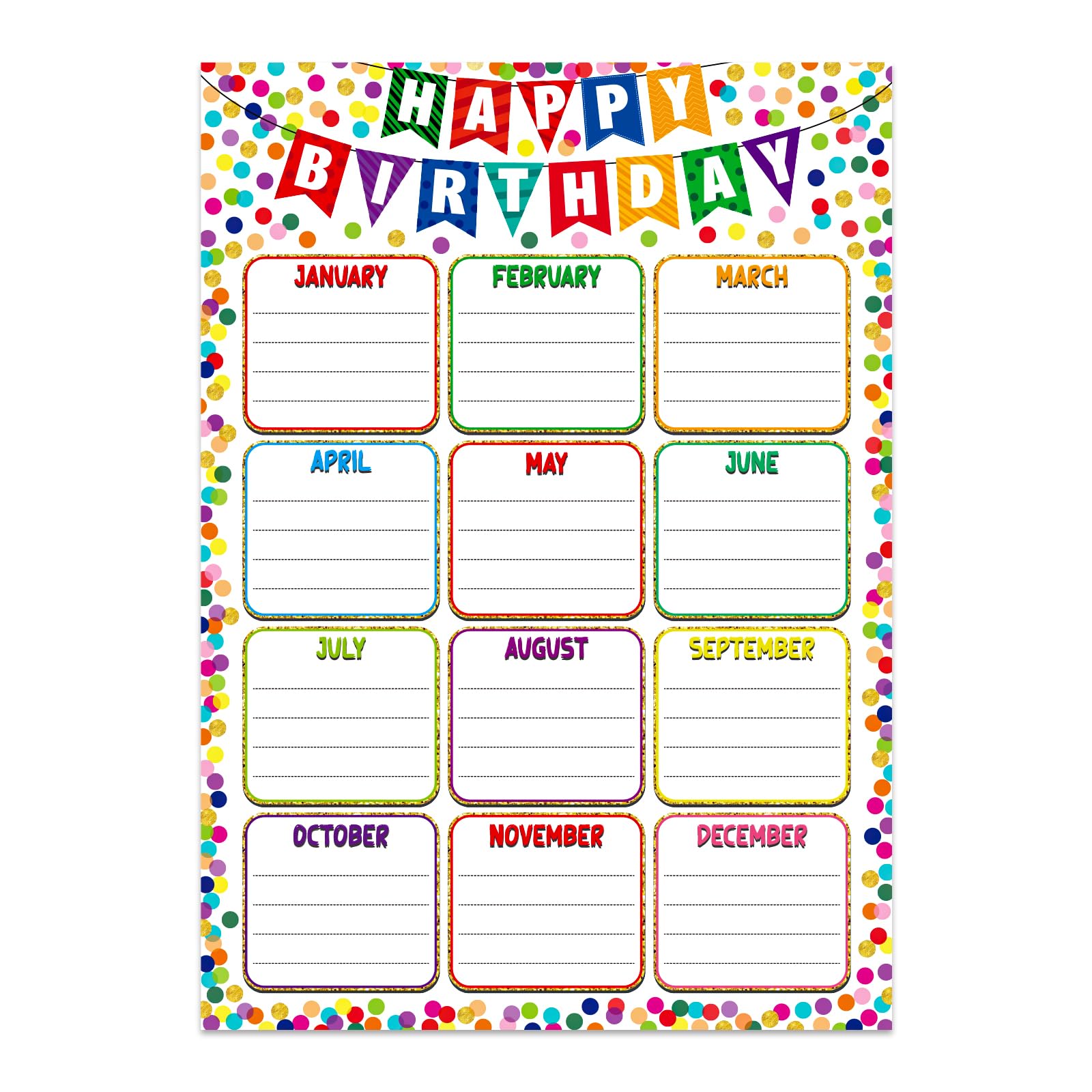 GMEMNOV Confetti Birthday Chart Poster, 11.8 x 16.5 Inch Laminated Calendar