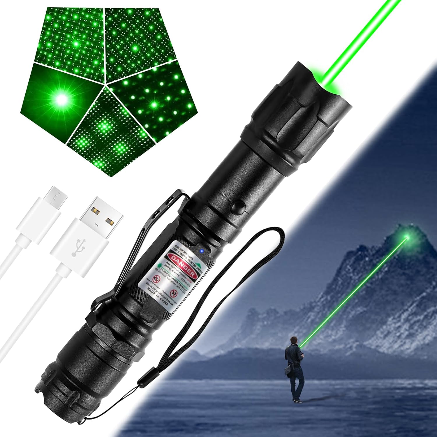 Inexperienced Mild Flashlight, Lengthy Vary Dot Beam Pen Tactical Flashlights with Star Cap Adjustable Focus, Rechargeable for Out of doors Use, TV/LED/LCD Screens, Astronomy, Tenting and Shows