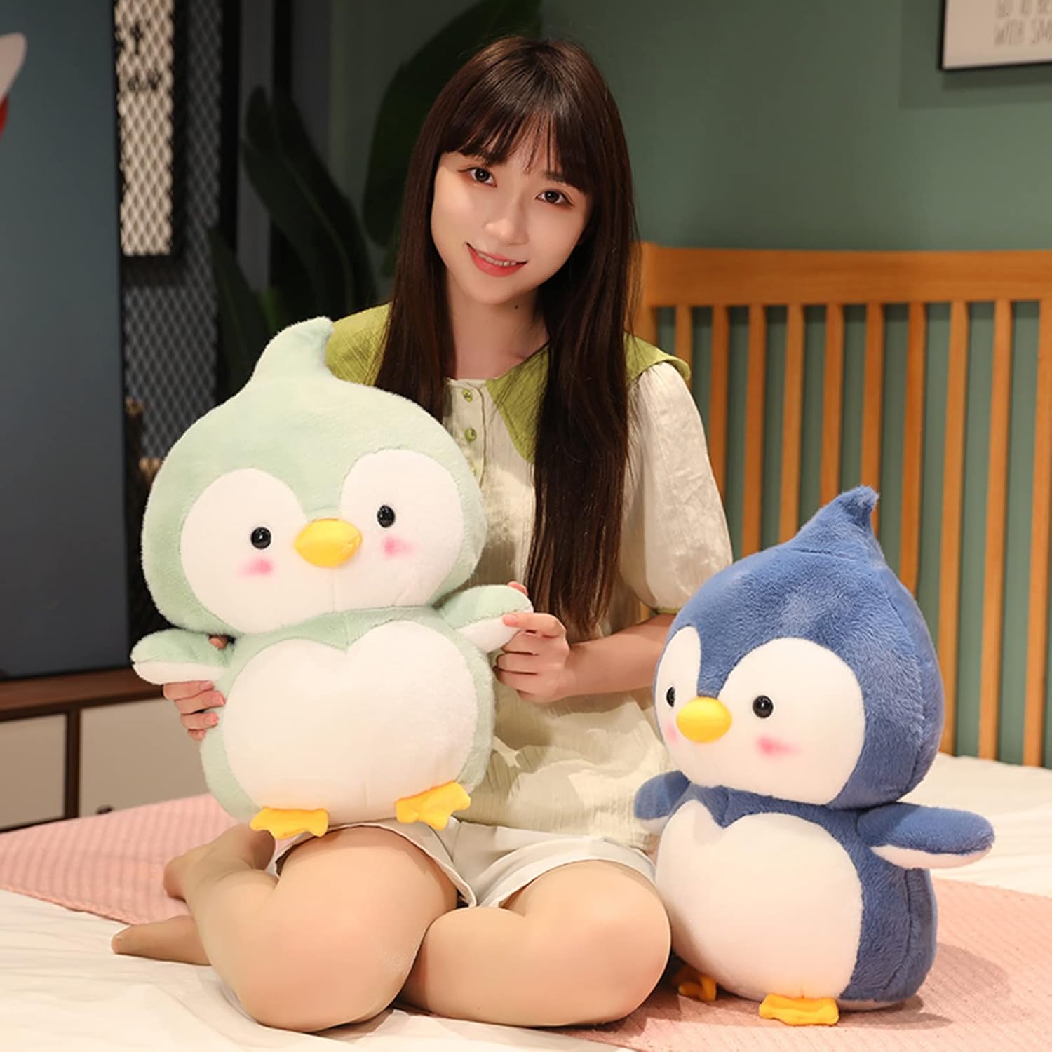 Cute Soft Penguin Stuffed Animals Penguin Plush Toys Penguin Plushies Throw Pillow Penguin Hugging Cuddly Penguin Doll Gift for Kids and Lovers in Birthday, Christmas, Valentine (Green, 18-Inch)