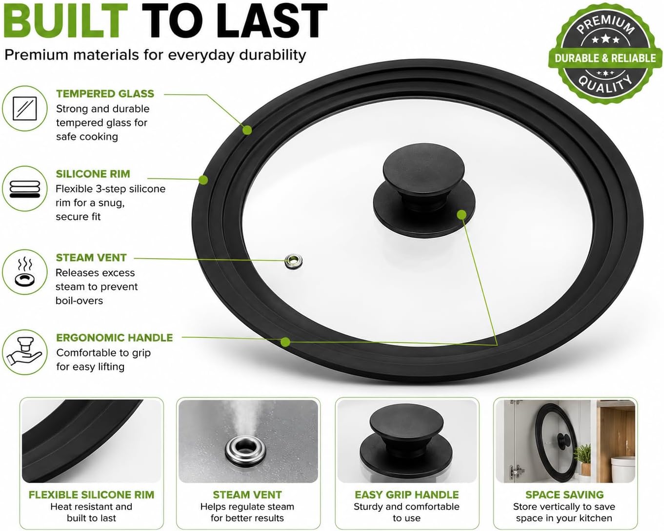 Universal Lid for Pots, Pans and Skillets, Tempered Glass with Heat Resistant Silicone Rim, Fits 10", 11" and 12" Diameter Cookware, Round Replacement Pot Lid with Steam Vent, Black