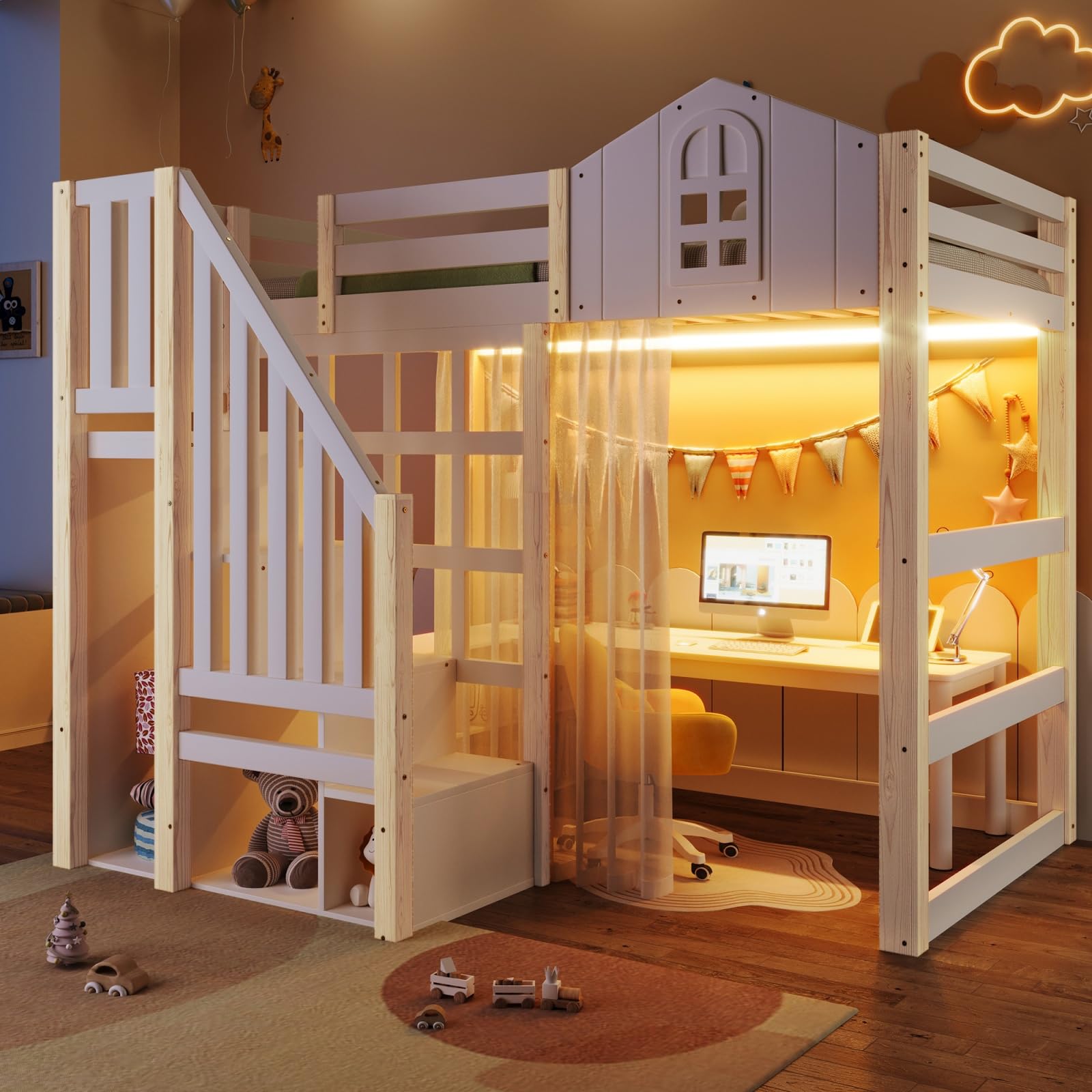 Lit Mezzanine, Cadre de lit pour Adolescent avec éclairage LED, Design de Style fenêtre, échelle de Rangement, Compartiments de Rangement Ouverts, Matelas Non Inclus (140x200cm)