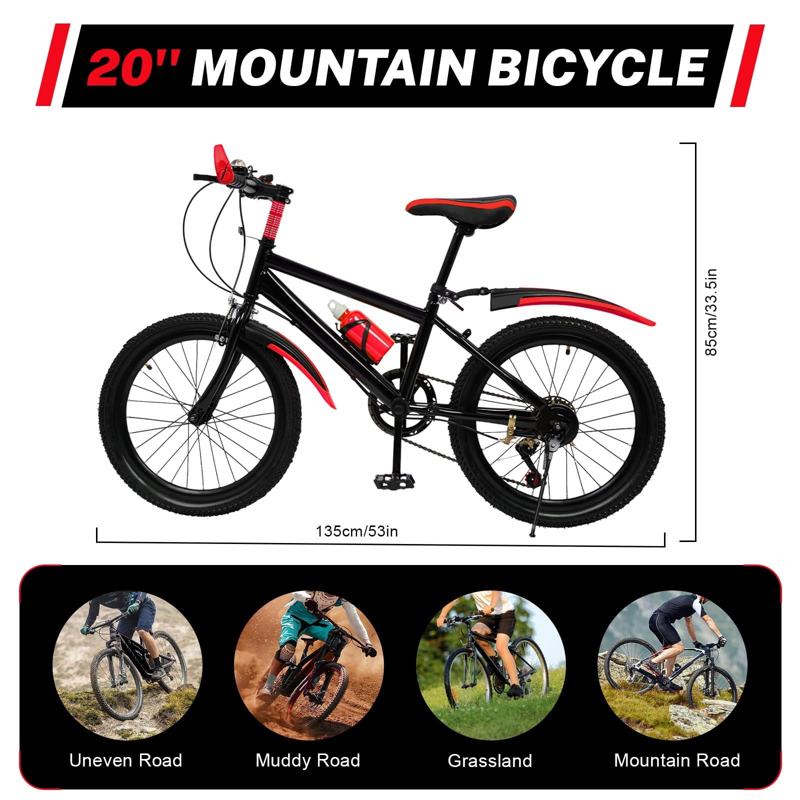 20 Zoll Fahrrad, E Bike Kinder, 7 Gang Kinderfahrrad für Jungen und Mädchen mit mit Schutzblech, Wasserflasche, Kompassglocke, Kinder Fahrrad, Mountainbike 20 Zoll Kinderfahrrad von 8-13 Jahren