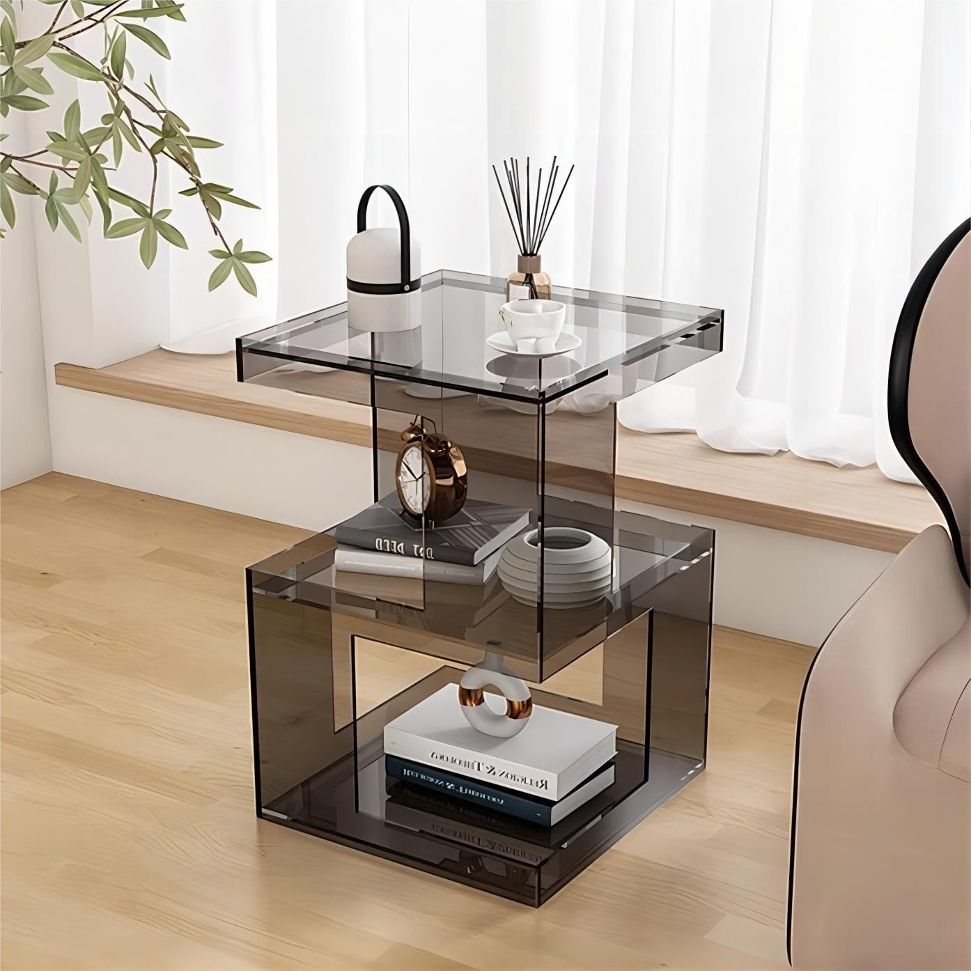 SXZenSpace 3-Tier Clear Acrylic Side Table Small Nightstand Coffee with Storage for Living Rooms & Spaces Solid Construction(Gray)