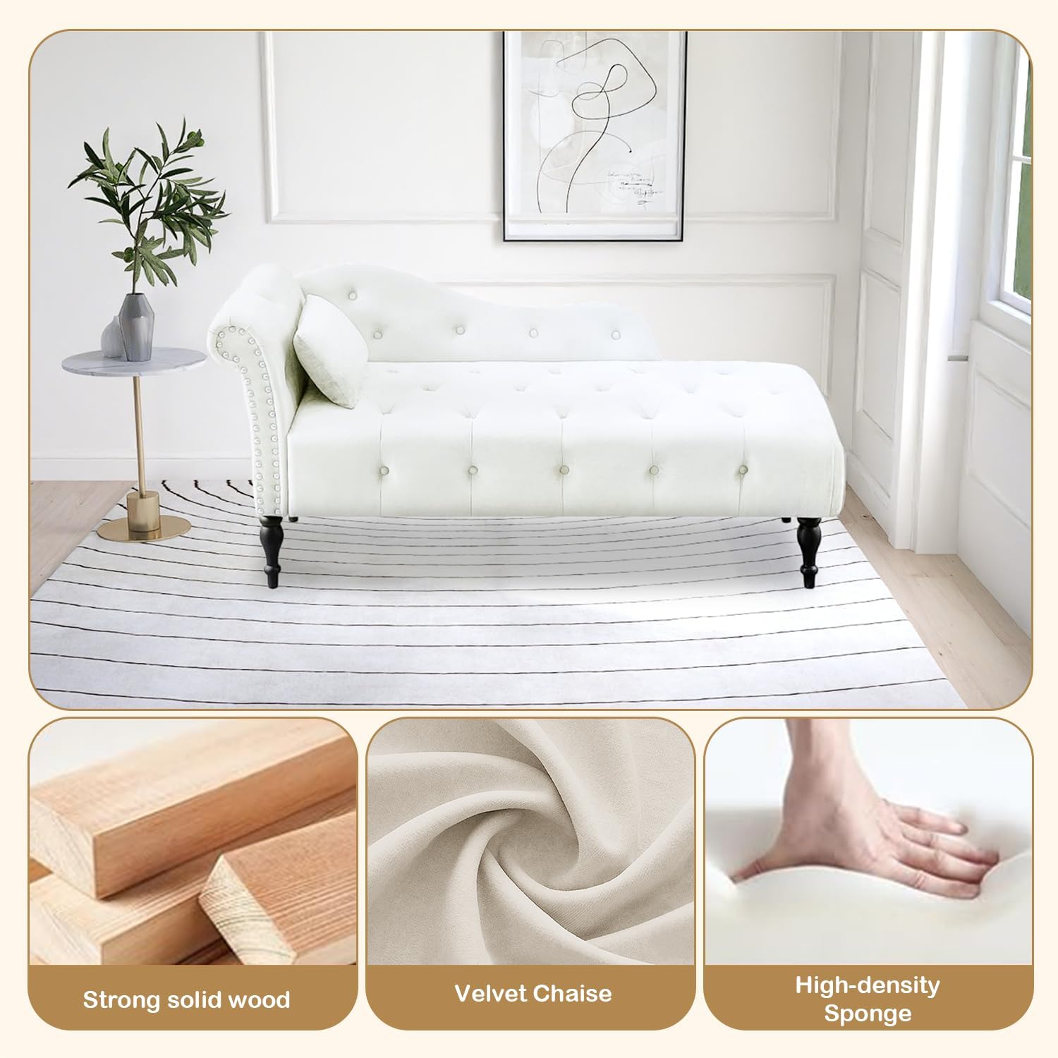 60.6" Velvet Chaise Lounge, Buttons Tufted Nailhead Trimmed, Upholstered Chaise Lounge with Left Armrest & Lumbar Pillow, Modern Velvet Lounge Chair for Bedroom, Living Room and Office (White)