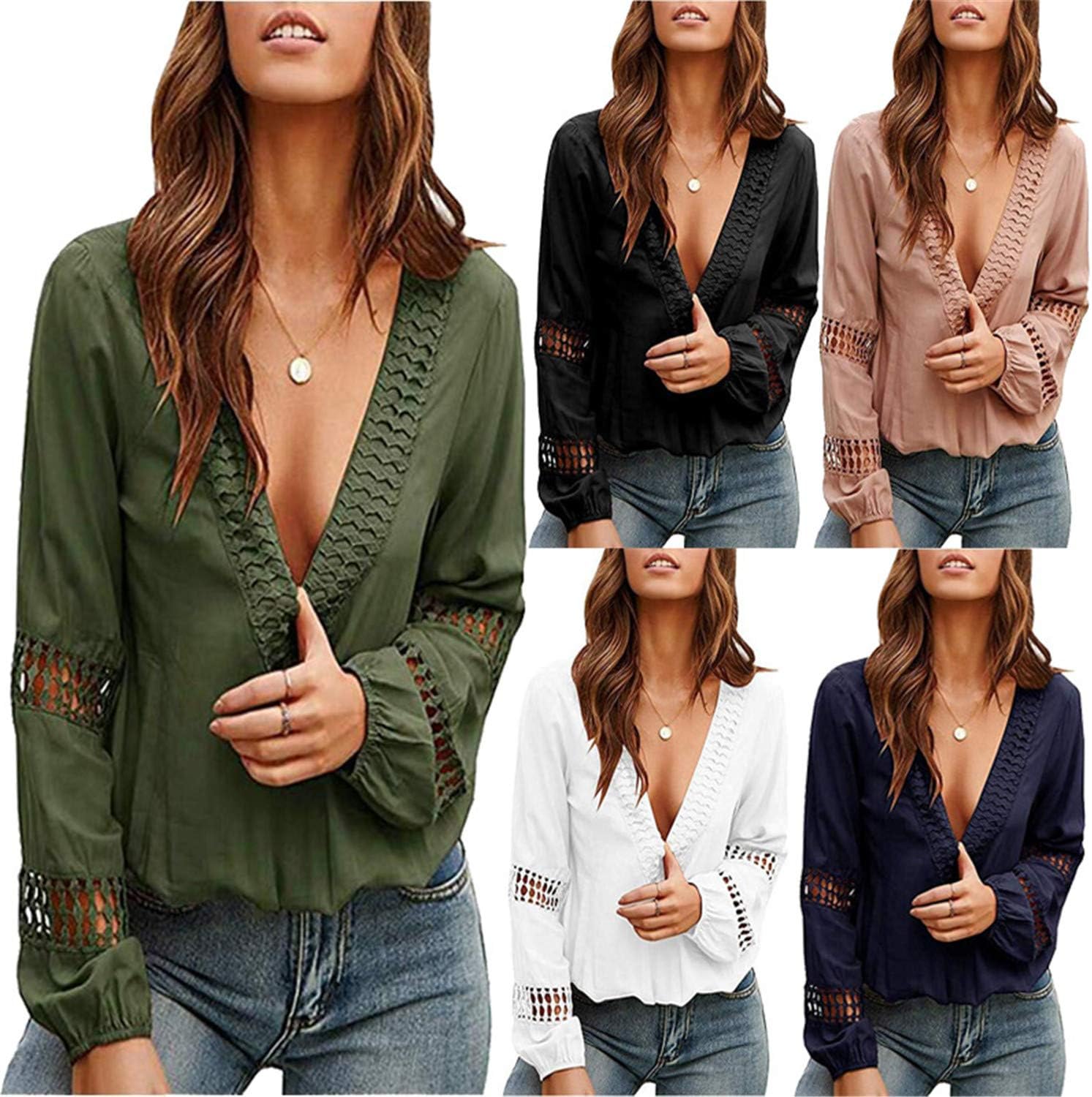 Andongnywell Women's Solid Color Casual Solid Color V Neck Lace Crochet Long Sleeve Shirts Tops Loose Blouses