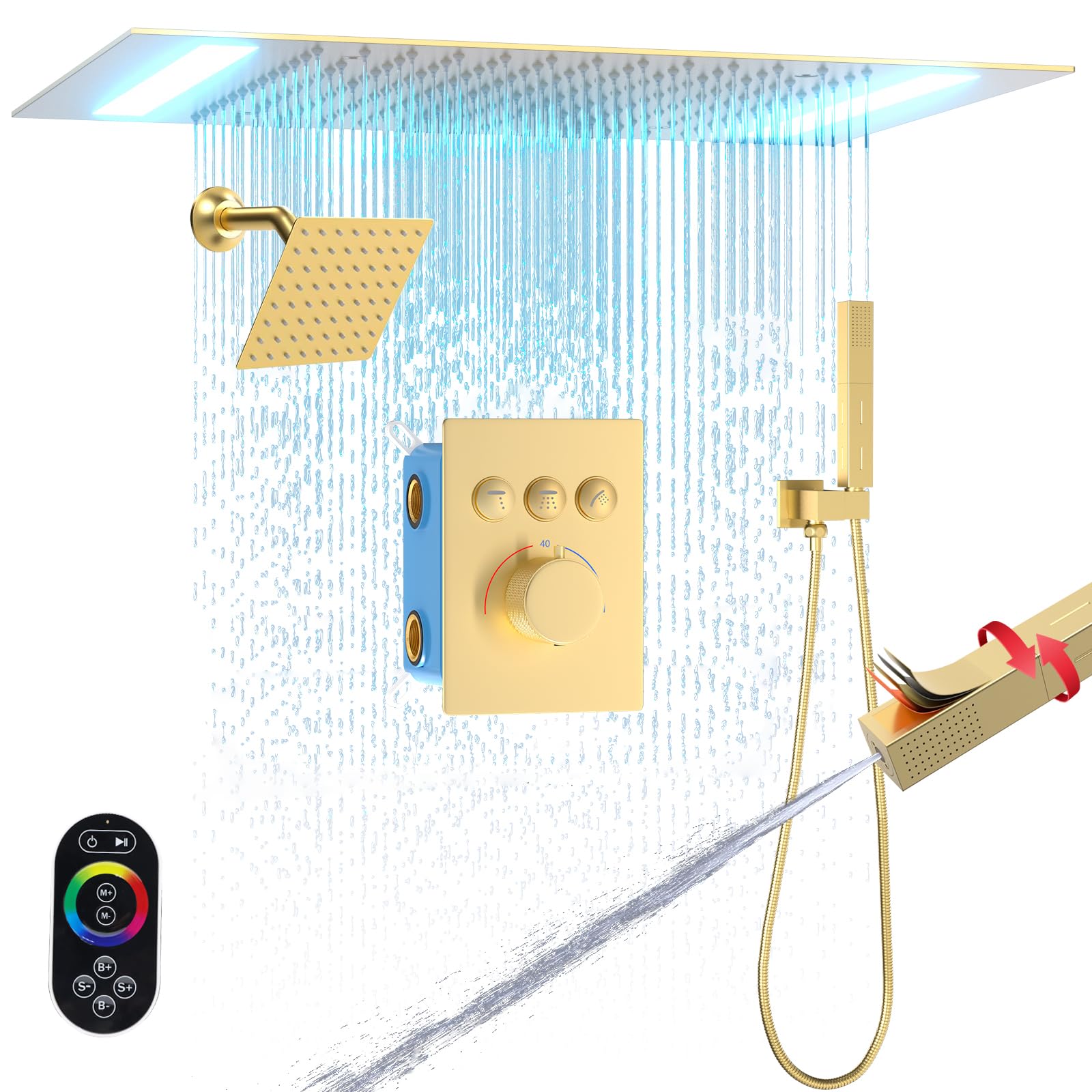 Enga Doppio soffione doccia a pioggia, montaggio a soffitto 35,6 x 50,8 cm, soffione doccia a LED con soffione da 15 cm, set termostatico per doccia a pioggia con doccetta 2 in 1, oro spazzolato
