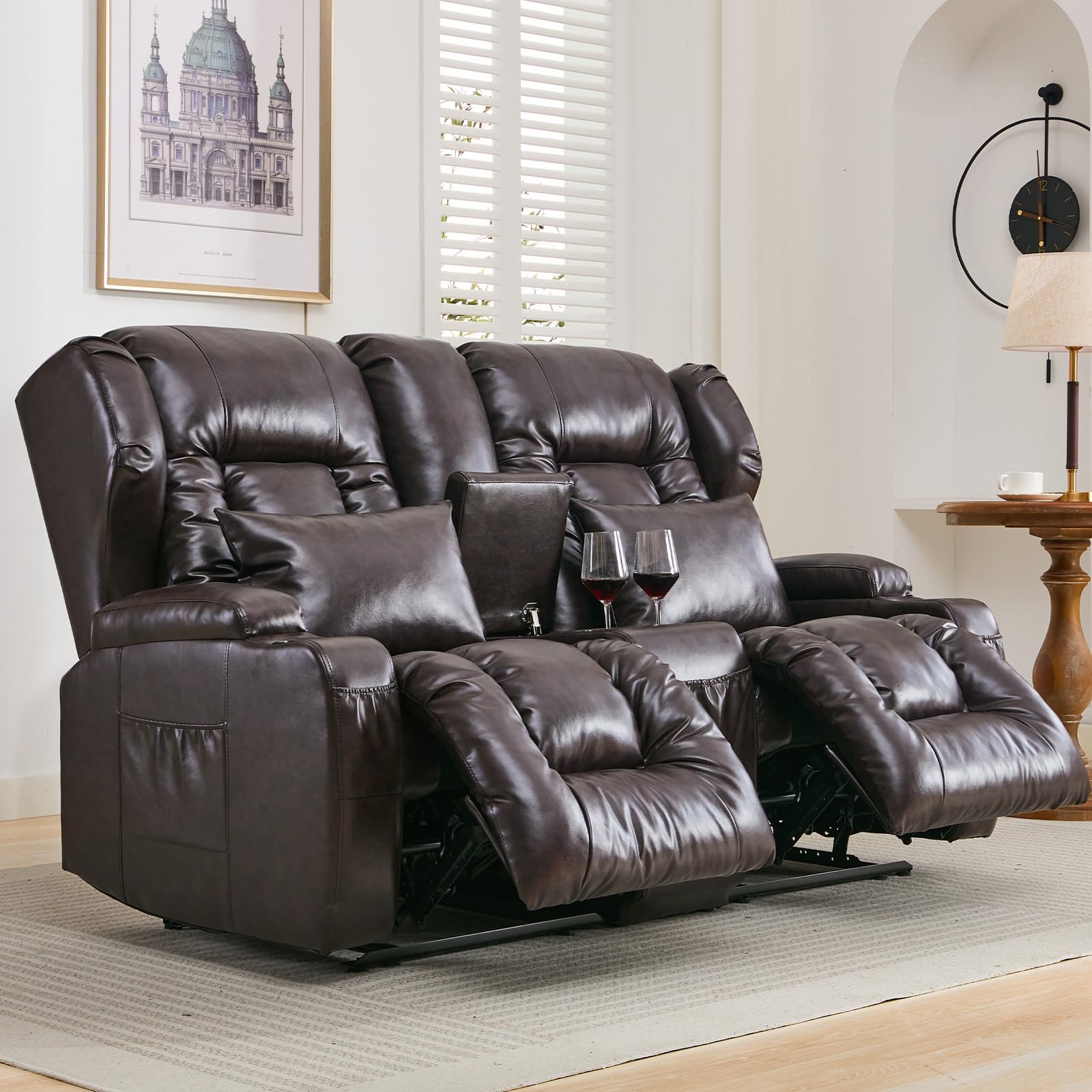 SAMERY 67" RV Loveseat Recliner Double Recliner RV Sofa & Console | Wall Hugger Reclining RV | RV Theater Seats | RV Couch | RV Theater Seating | RV Furniture, Home Theater Seating… (Chestnut)