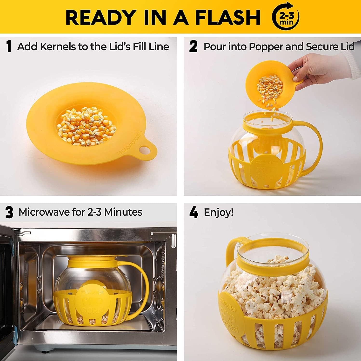 Mueller Premium Microwave Popcorn Popper, 3 Quart Capacity Popcorn Maker, Borosilicate Glass, 3-in-1 Silicone Lid, Healthy Snack - No Oil or Butter Required, Dishwasher Safe, Yellow