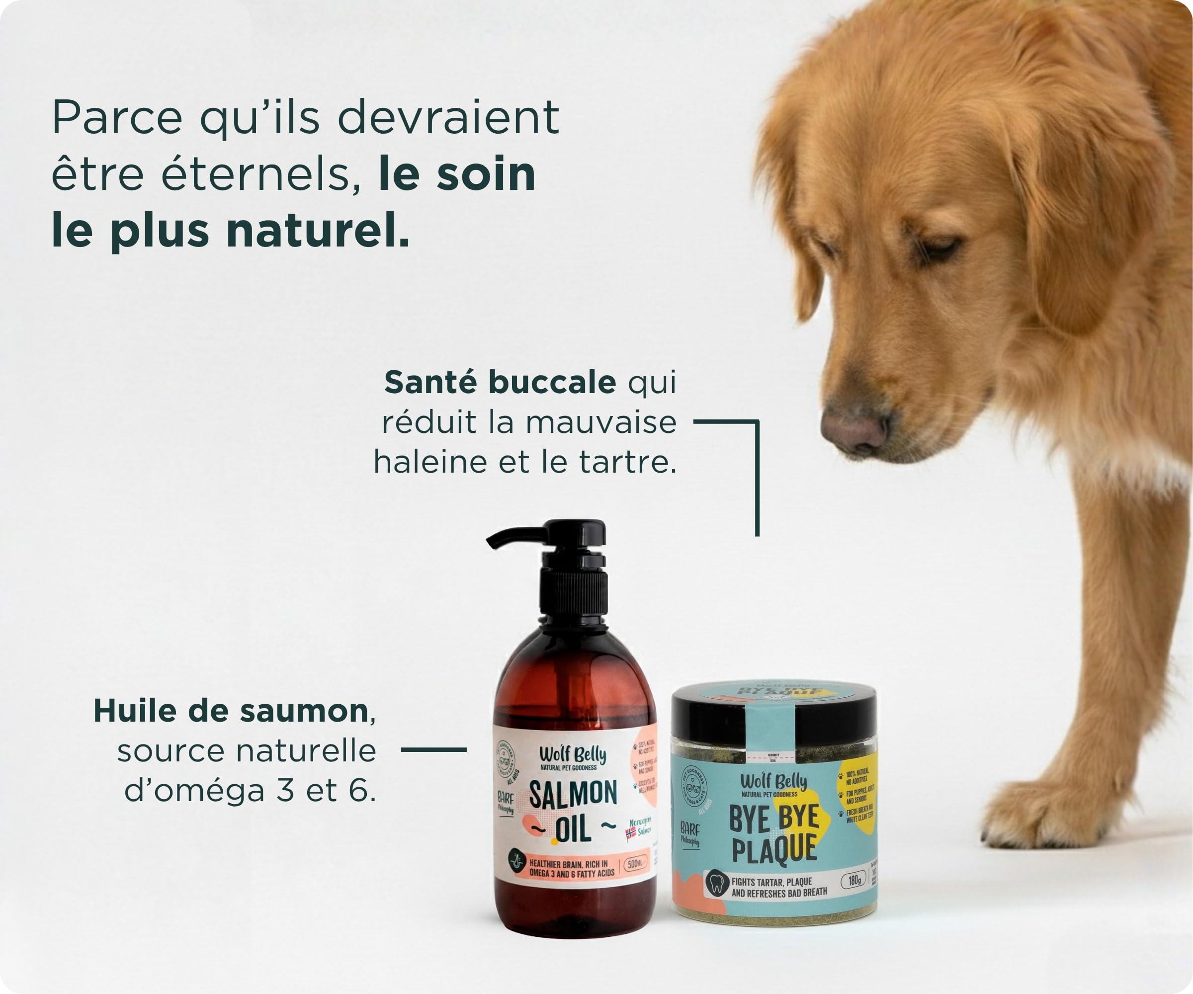 Wolf Belly - Pack Huile de Saumon (500 ML) et Santé Bucco-Dentaire (180 g) 100% Naturel | Oméga 3 et 6 + Hygiène Dentaire | pour Chiens et Chats - Fabriqué en UE