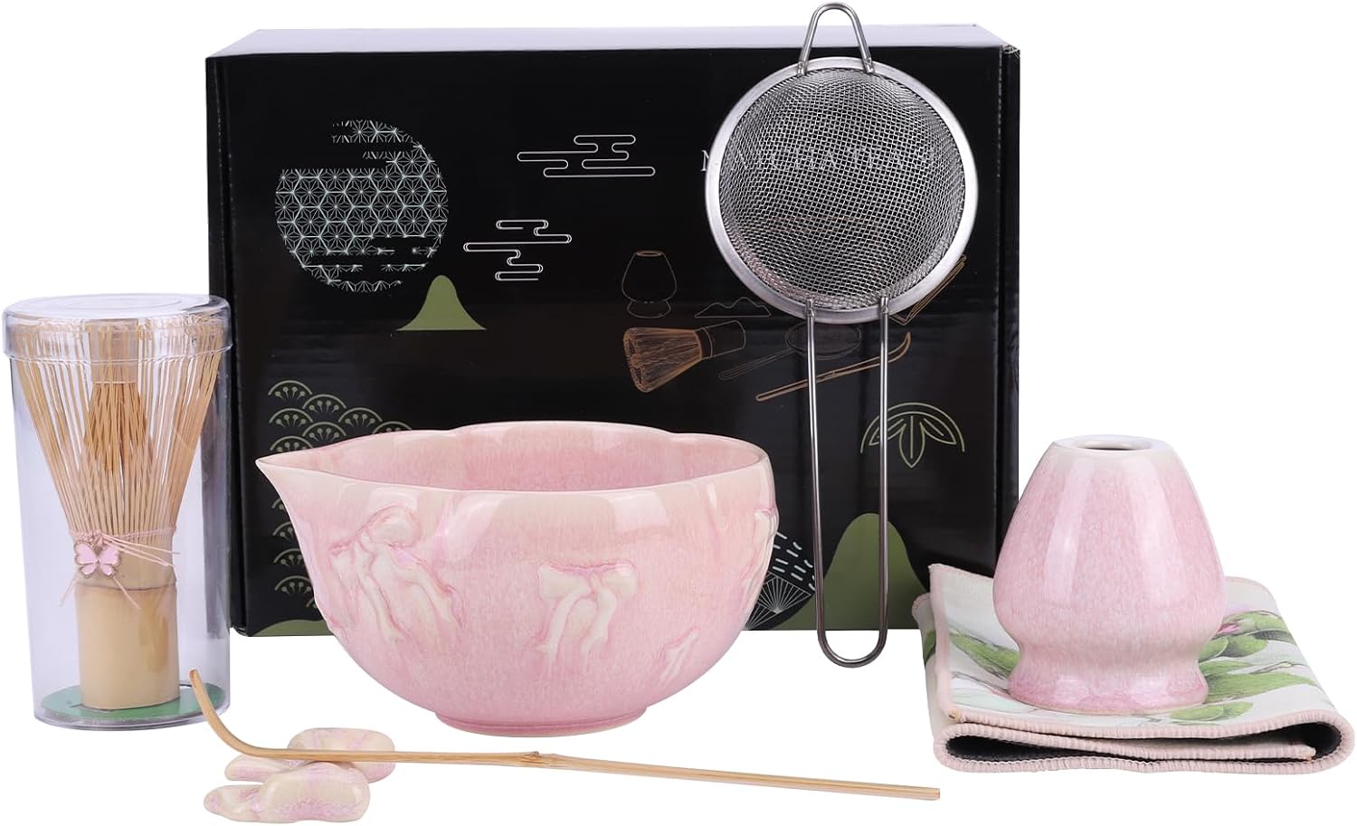 Premium Matcha Set - Ceramics Mixing Bowl with Bows,Bamboo Matcha Whisk,Sifter 7Pcs Kit for Making Cake/Dessert/Latte,Scoop Unique Gifts for Women Friends