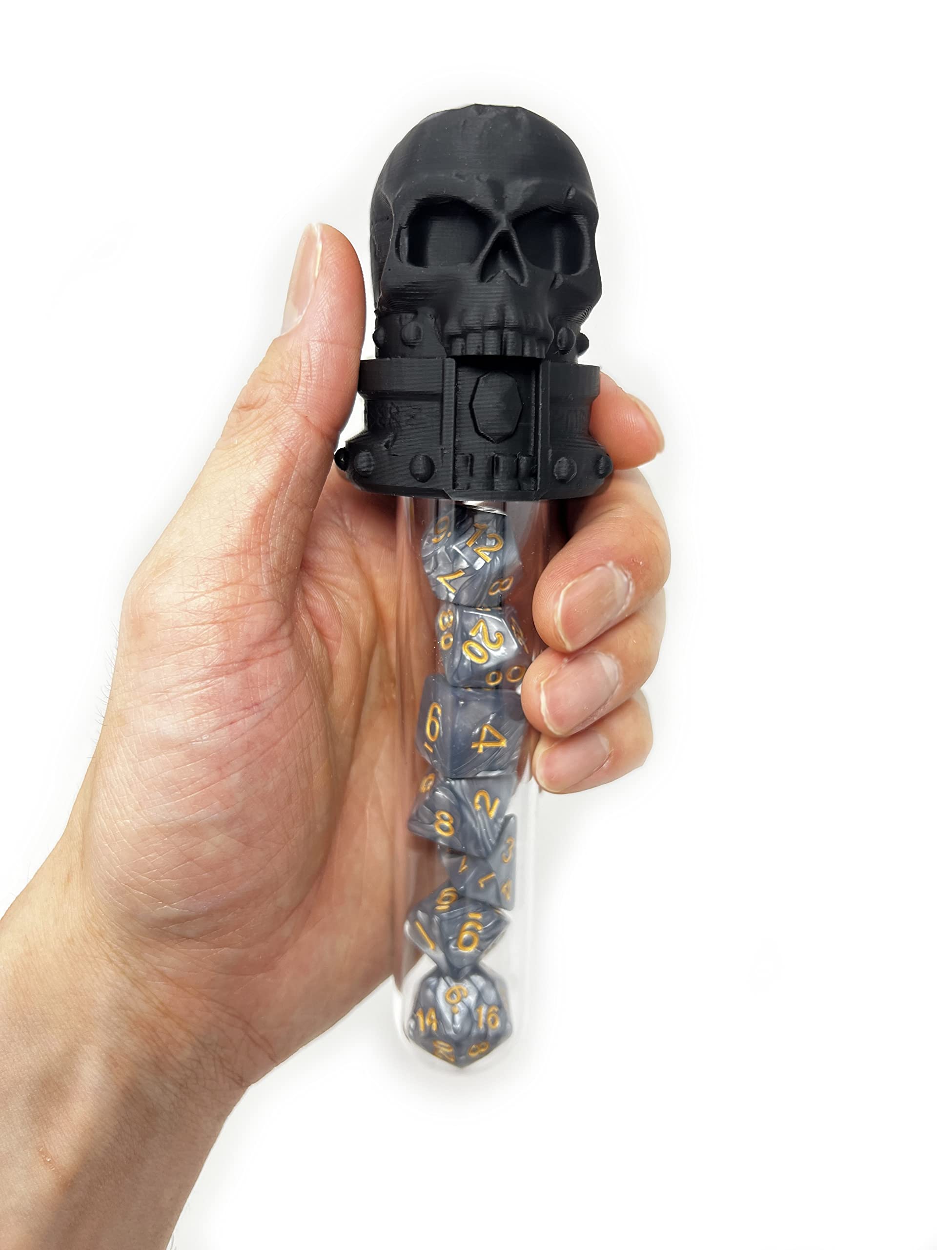 MunnyGrubbers - Skull Potion Vial Dice Holder - (Random 7PCS D20 Dice Set Included) - Dice Storage and Display - Tabletop RPG - Dungeons and Dragons - DND - D&D - (Black)