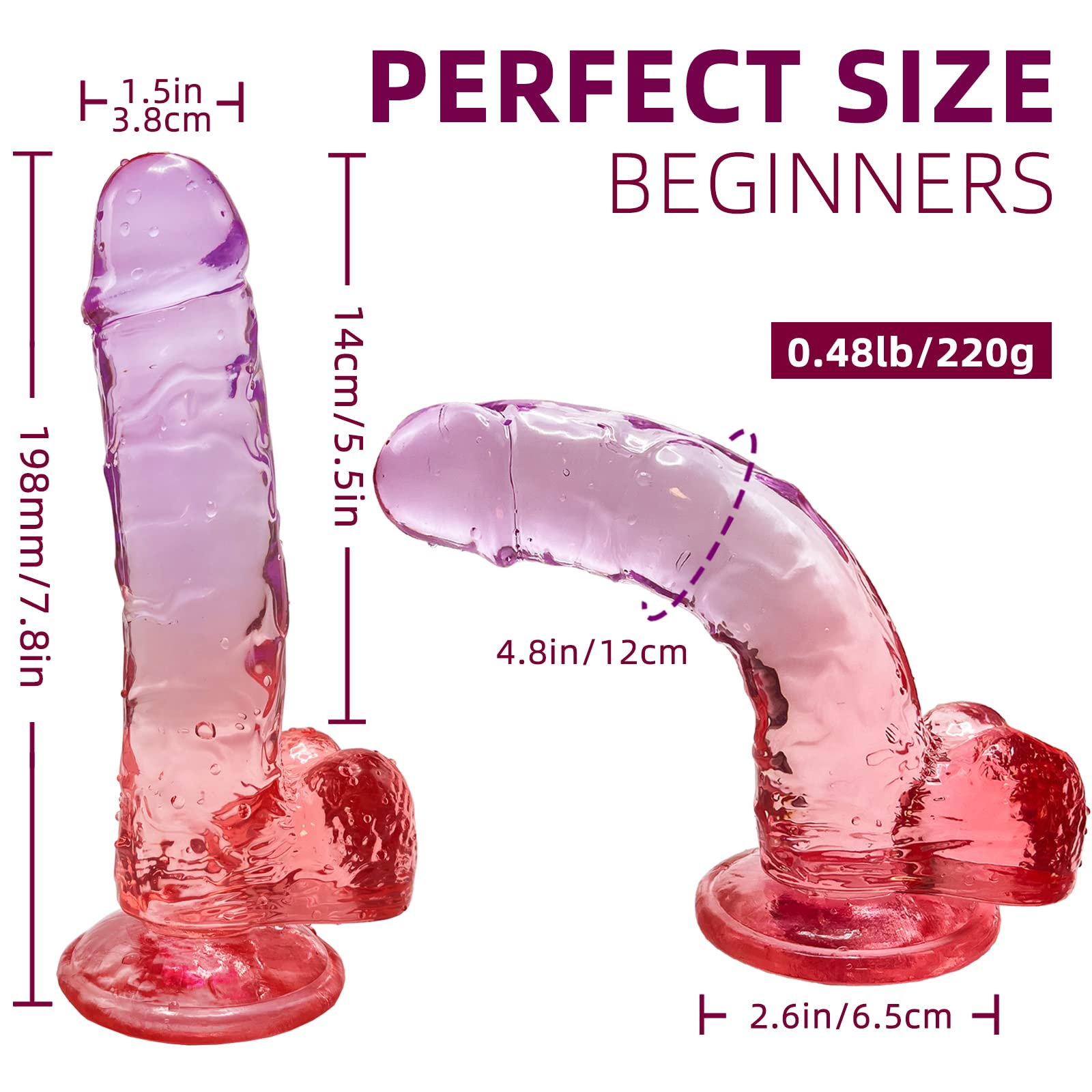Realistic Dildo Clear Silicone 7.8" Purple-Red Gradient Dildo with Strong Suction Cup for Women Hand Free Play Flexible Soft Penis Dong, Adult Sex G-spot Dildos Toys for Vaginal and Anal Stimulation