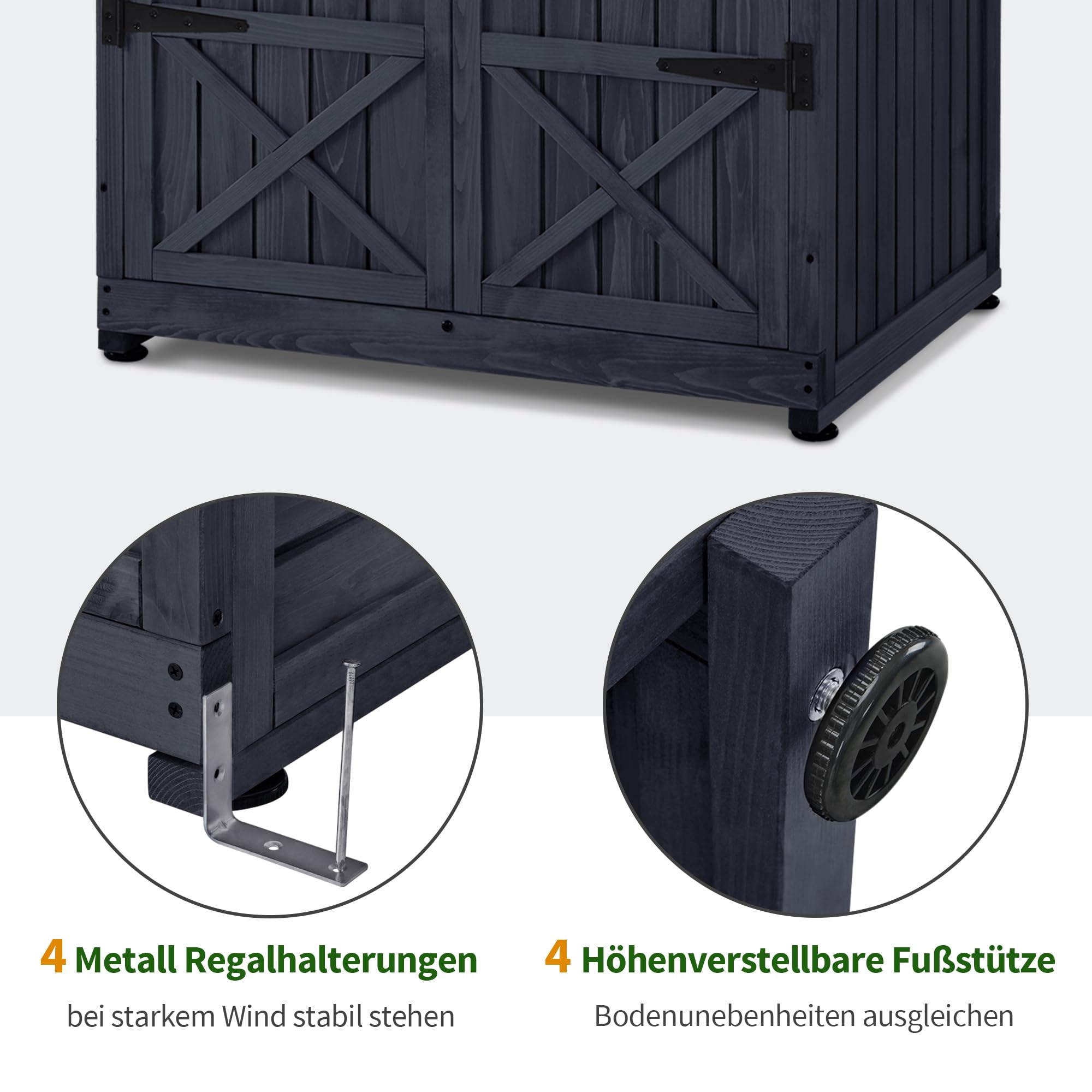 M MCombo Gartenschrank Gartenhaus Holz Wetterfest, Outdoor Wasserdicht Schrank mit Boden, für Außenbereich Balkon Terrasse, Aufbewahrungsschrank mit 2 Bewegliche Regale 74×99×193 cm (Anthrazitgrau)