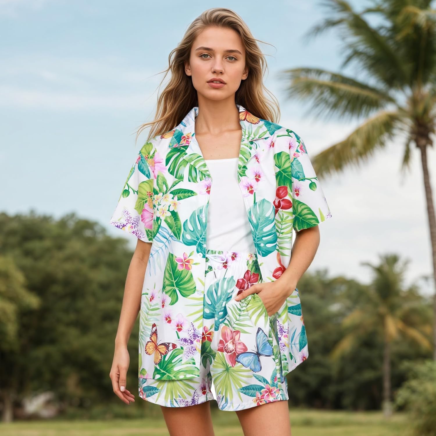 Women's Hawaiian Shirt Shorts Floral Tropic Button Down Shirts Short Sleeve Outfits Vacation Beach Summer Lounge Suit - Image 5