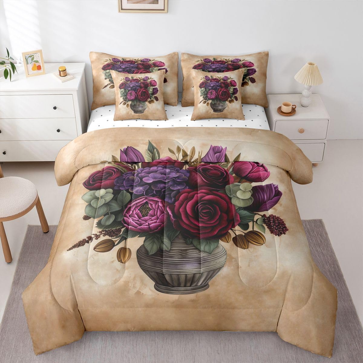 Castle Fairy Vintage Floral 7 Pieces Comforter Sets Twin,Farmhouse Vase Flowers Bedding Set for Kids Girls Bedroom Decor,Boho Flower Rustic Style Bed in a Bag with Comforter,Sheets and Pillow Cases