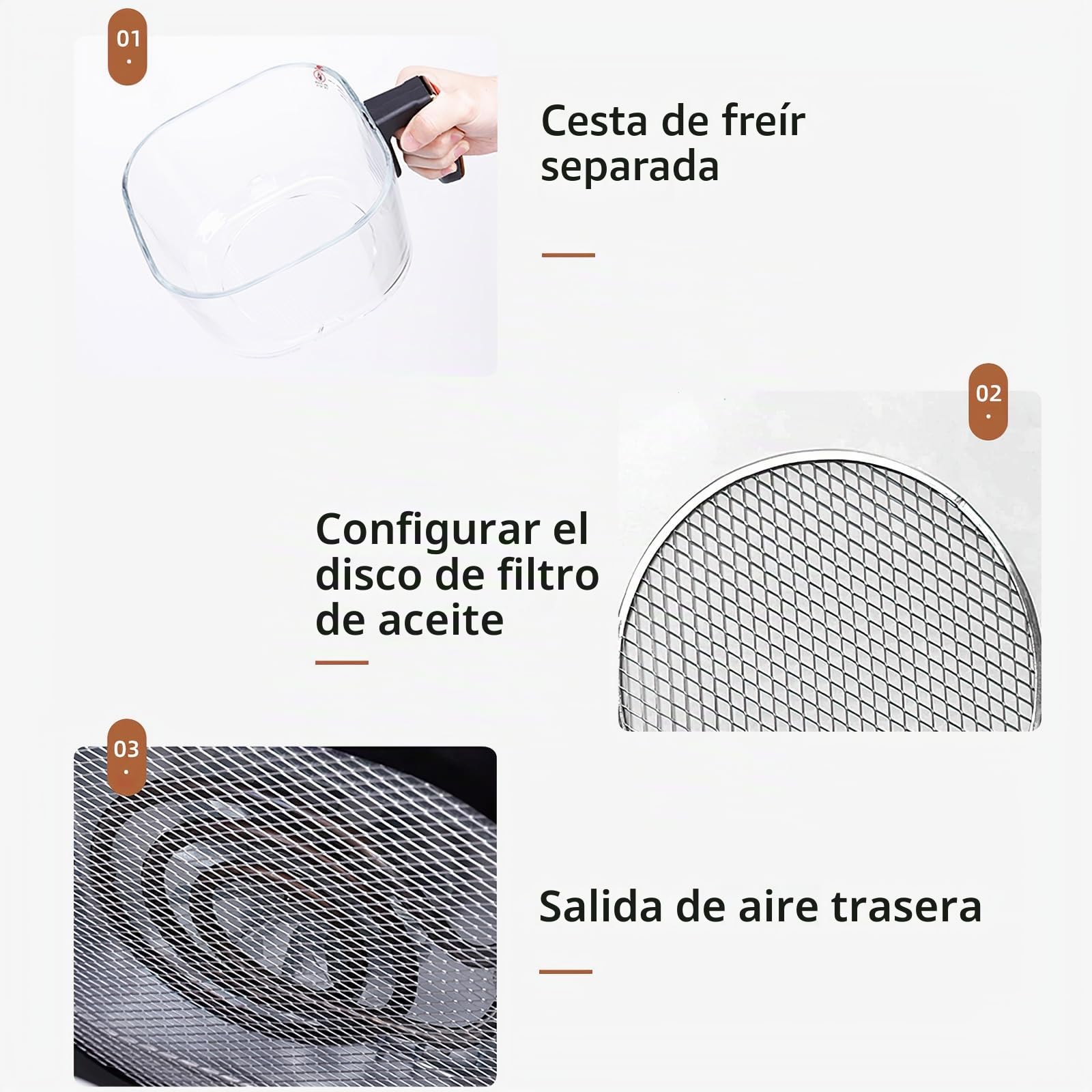 Freidora de aire caliente 5L, 1300W Freidora de aire con ventana de visión de 360°, control de tiempo y tempertura, pantalla táctil, extraíble, 6 funciones de cocción, sin BPA