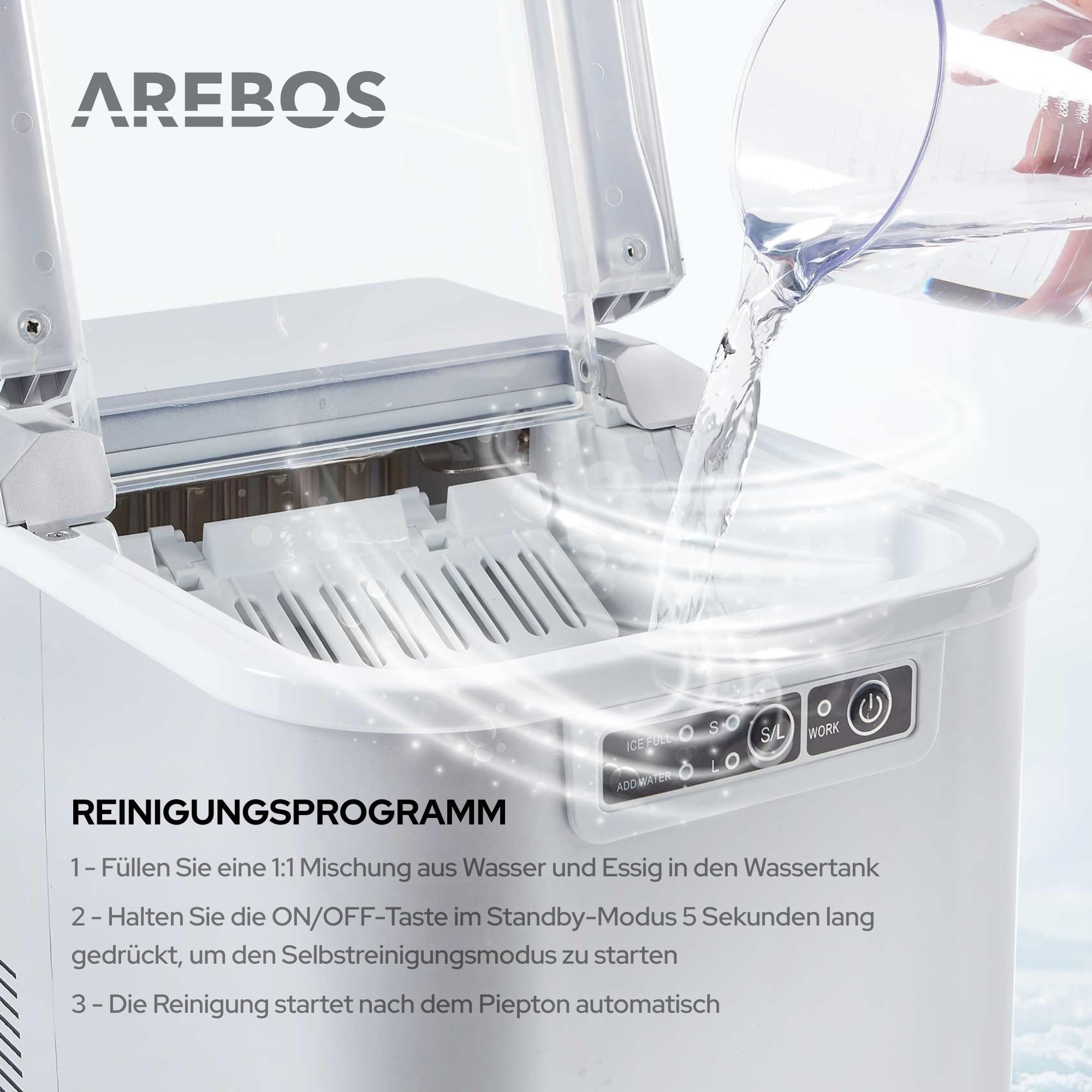 Arebos Eiswürfelmaschine 12 kg/24 h 2,2 L Wassertank Selbstreinigend Leise 2 Eiswürfel-Größen Silber