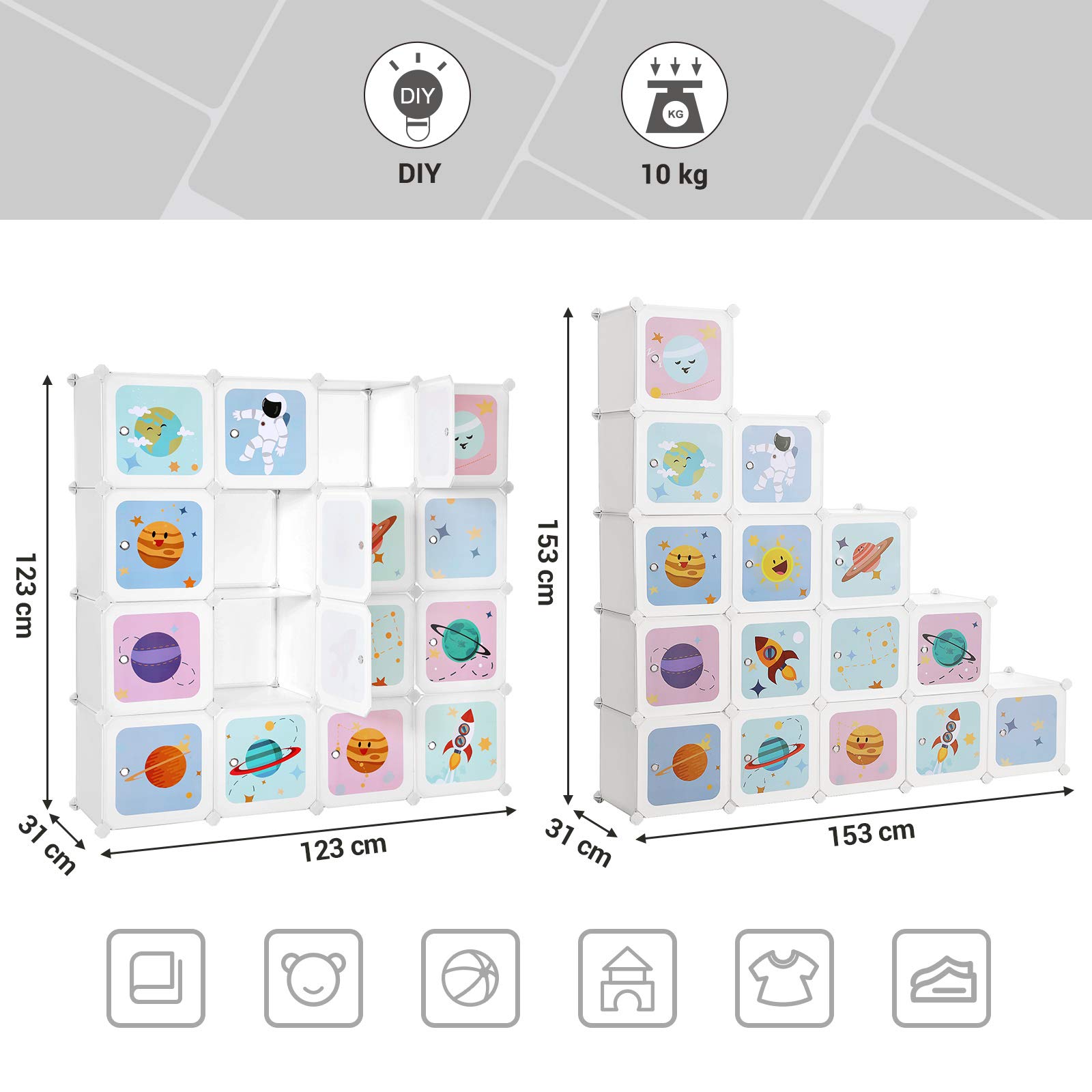 SONGMICS Modułowa szafa dziecięca 15 wiader, modułowy organizer dla dzieci, plastikowe półki na wiadra, z drzwiami, na ubrania, buty, zabawki, 151 x 31 x 153 cm, biały LPC902W