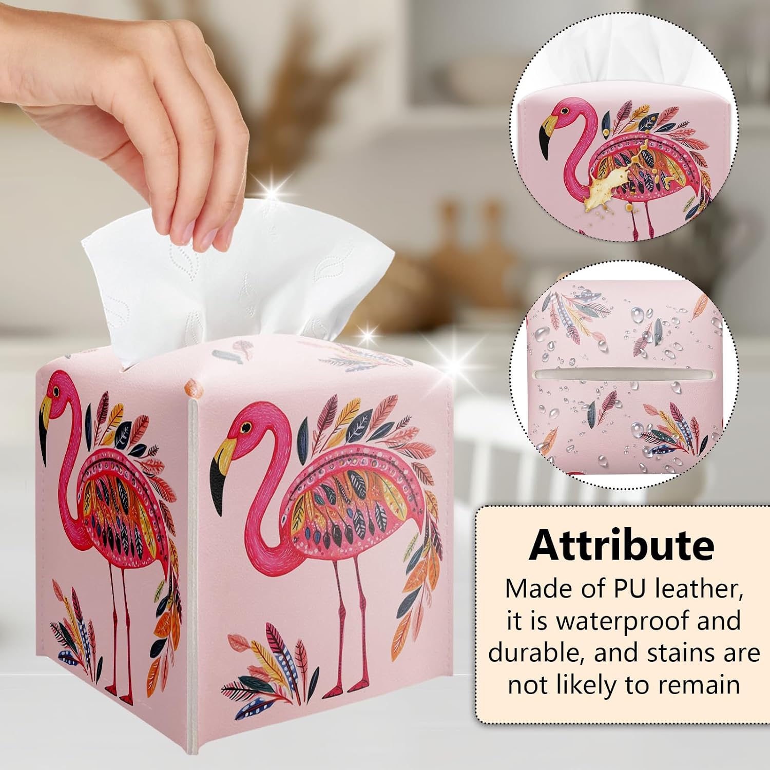Pink Flamingos Tissue Box Cover Holder, Watercolor Leather Tissue Box Cover Square, Napkin Dispenser Accessories for Bathroom Vanity Countertop, Bedroom Dresser, Night Stand, Desk, Office image 5