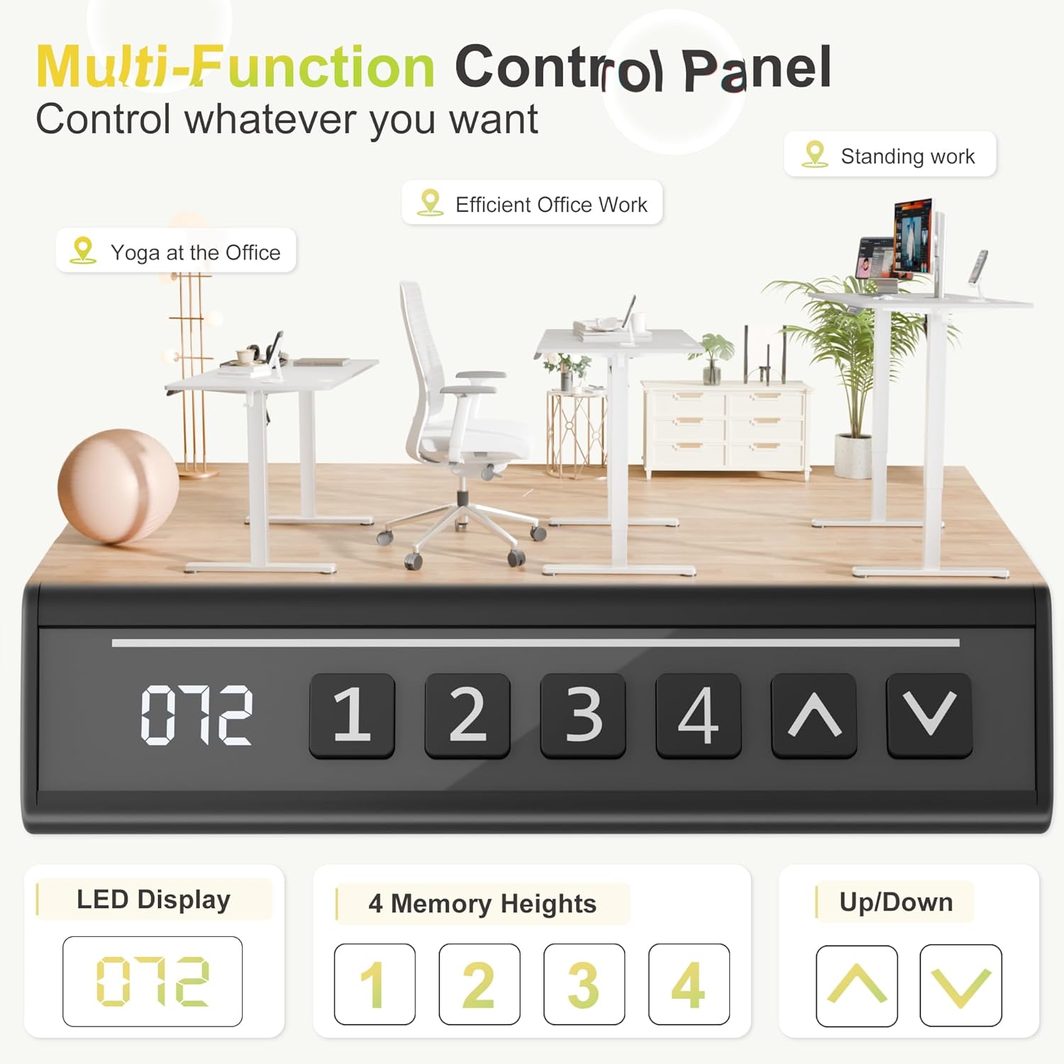 Control panel with LED display, memory buttons, and up/down arrows