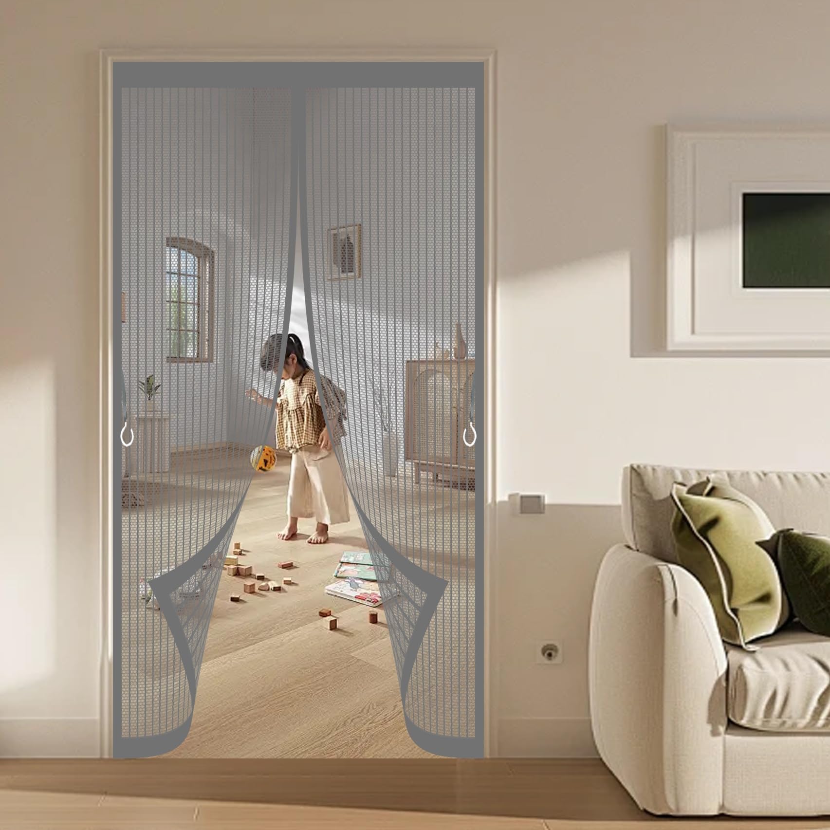 Magnetic Screen Door 124 x 154 cm with Powerful Magnets & Full Frame Magic Tape No Gap, Lets Fresh Air in, Keep Bugs Out Insect Protection Door for Patio Doors Bedroom, Grey
