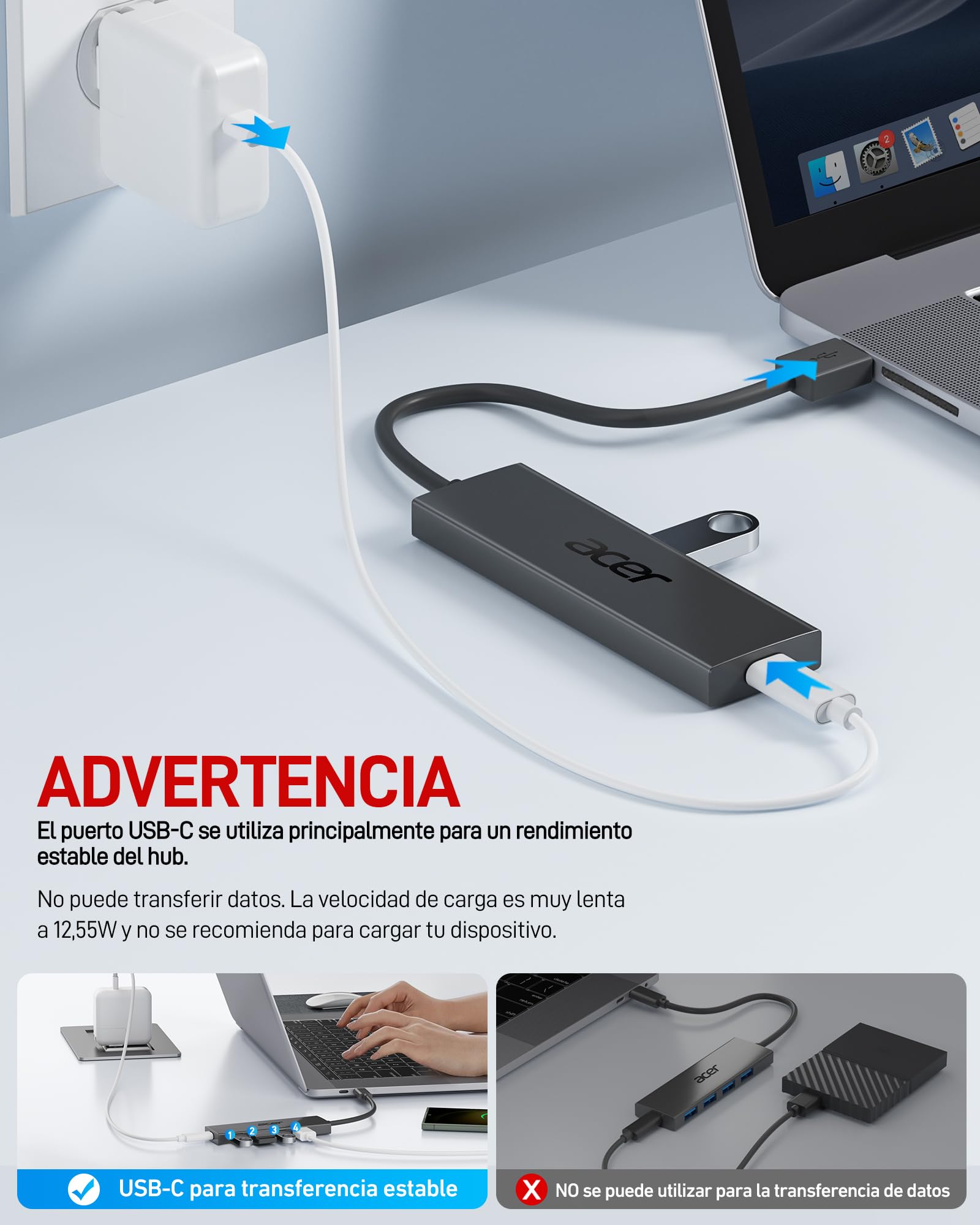 acer Hub USB 3.0, Adaptador USB Ultra Delgado de 4 Puertos, Divisor USB multipuerto con alimentación USB-A 5V3A, Compatible con Laptop Acer y PC, 60 cm