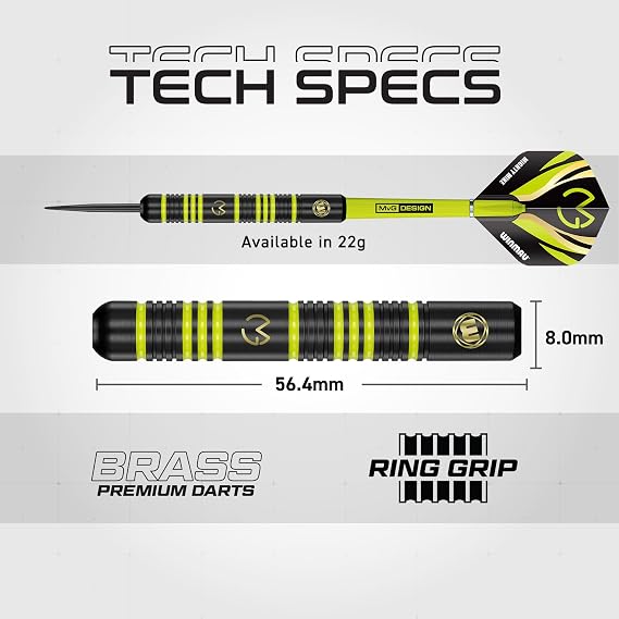 WINMAU MvG vs Wizard Steel Tip Darts Set 22g Brass Twin Set with Flights, Shafts & Wallet Dual Grip Styles for Practice & Play