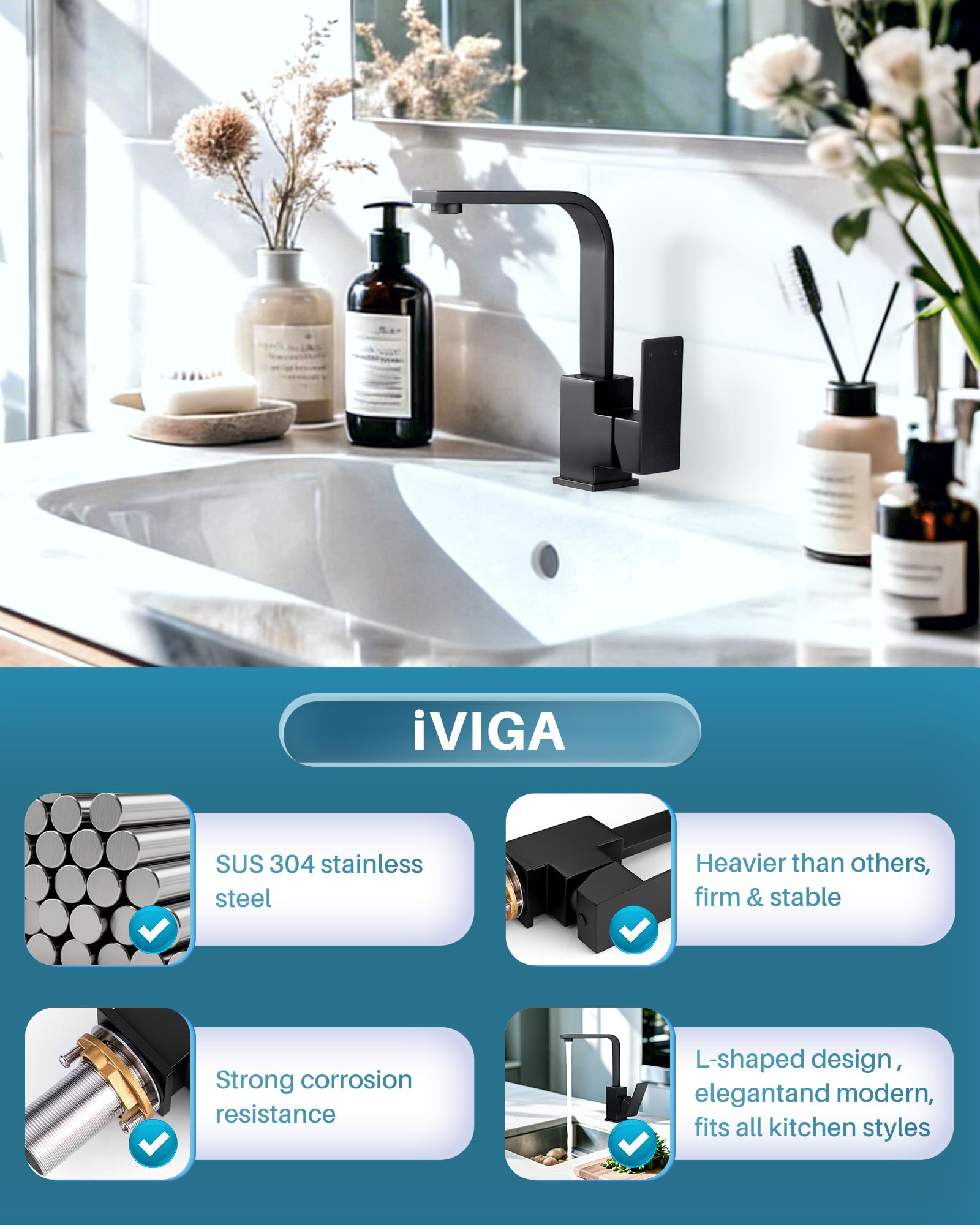 iVIGA rubinetto cucina, miscelatore lavabo girevole 360° Miscelatore cucina in acciaio inox con 2 tubi, miscelatore, lavabo con cartuccia in ceramica adatto per bagno, cucina, casa mobile