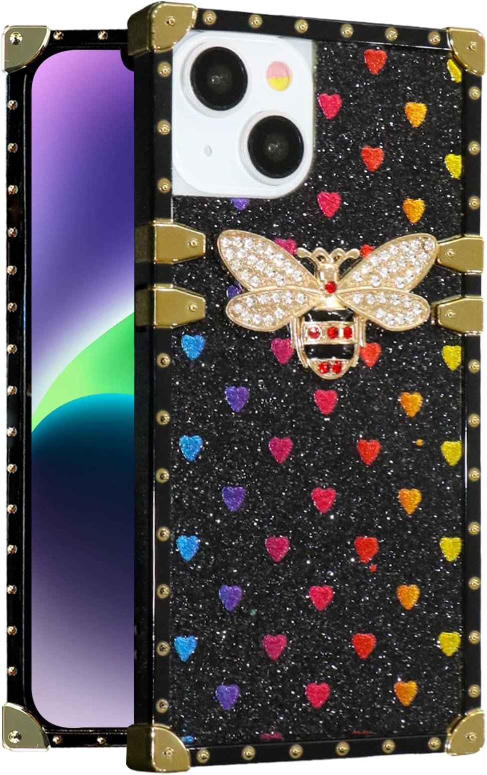 Umhlaba Compatible with iPhone 14 Max case 2022 Square Edge Trunk Glitter Bling Cute bee Luxury Fashion Phone Cover Women Box Rectangle Girly Sparkly Girls Stylish 6.7 inch (Black)