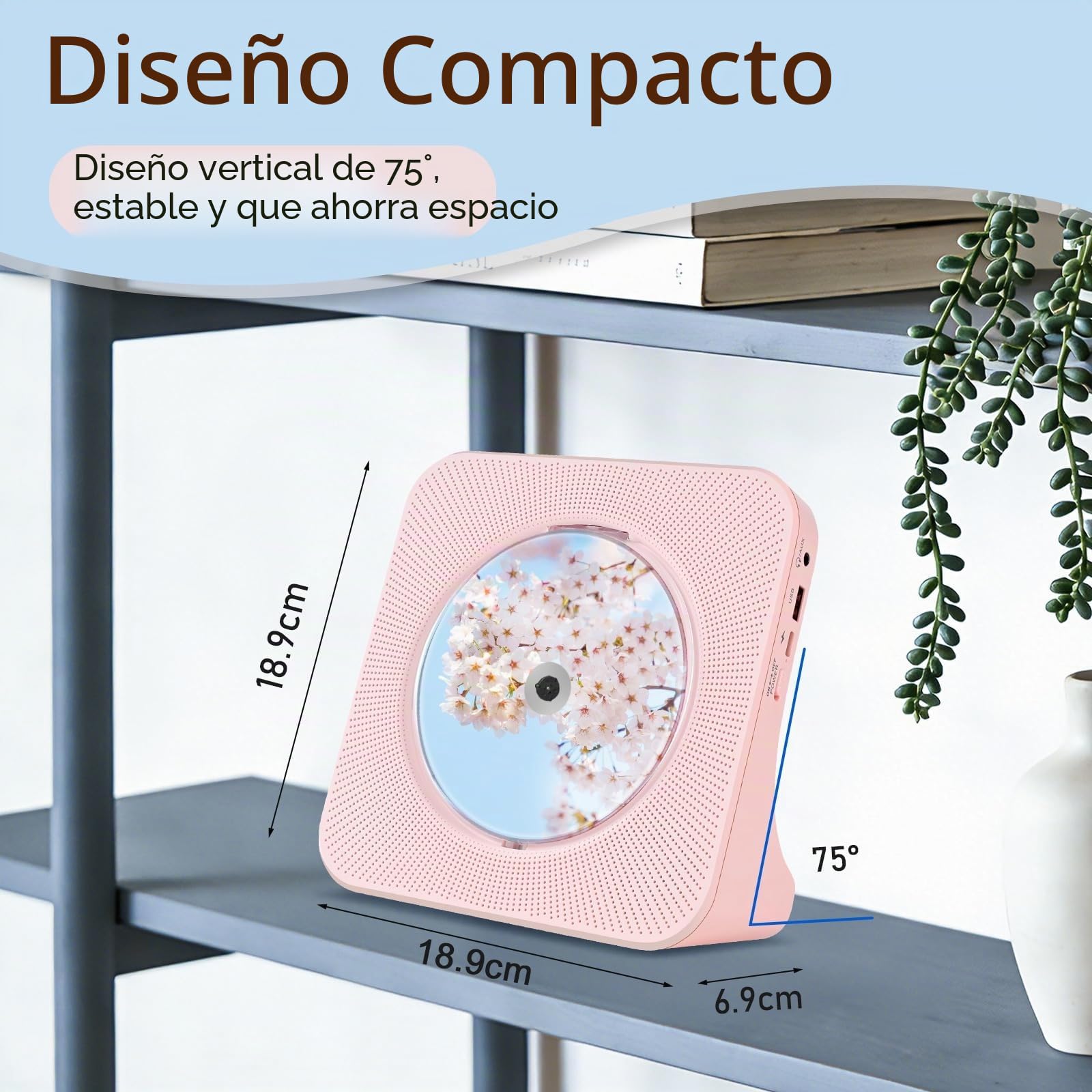 Reproductor de CD Rosa, Radio Reproductor de CD HiFi, CDs Player Bluetooth, USB, Entrada/Salida AUX, Reproductors CDs con Control Remoto