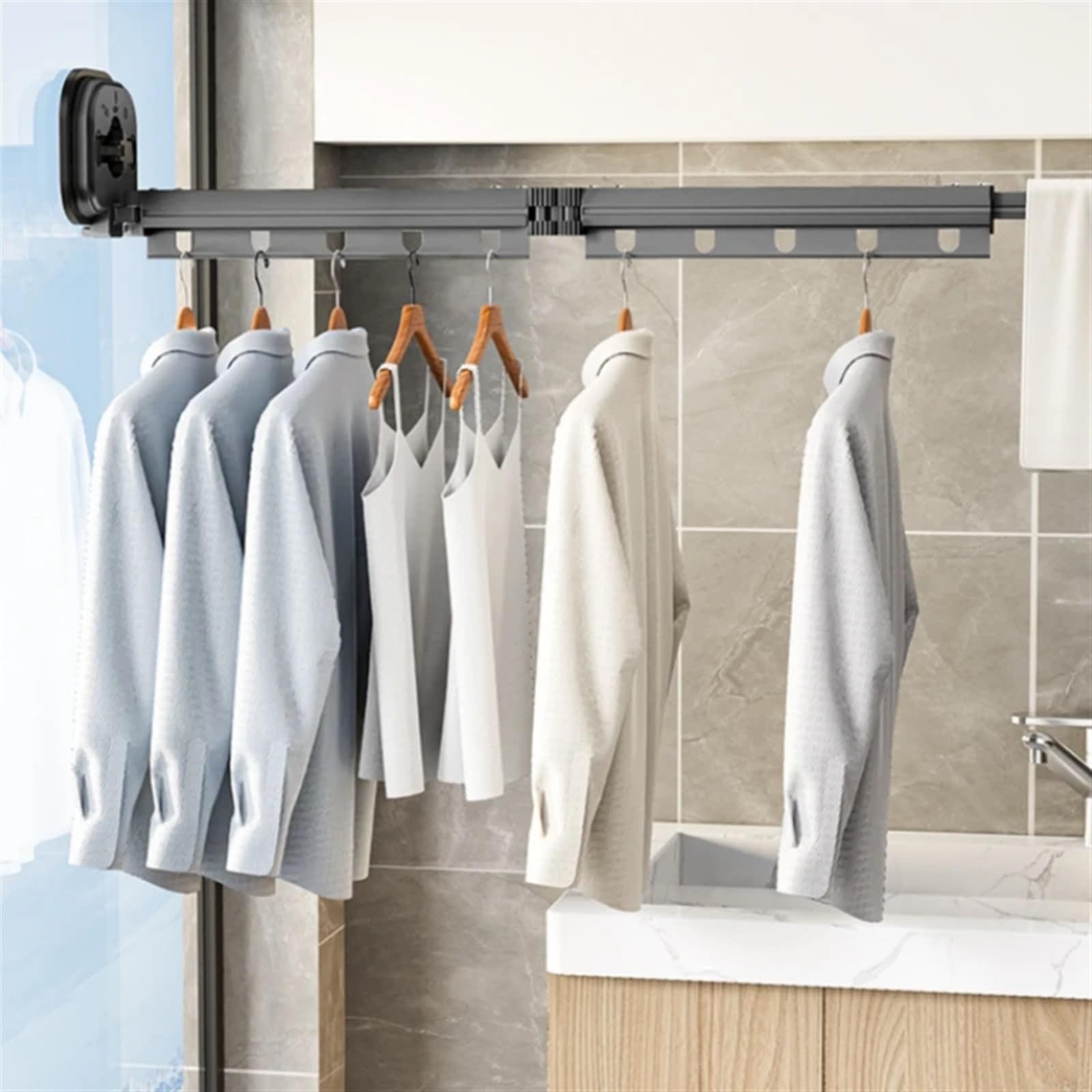 Verstellbarer Wäscheständer zur Wandmontage, platzsparend, faltbar, ohne Stanzen, Design versteckter Wäschetrockner für Badezimmer & Balkon (weiß, 3-fach)