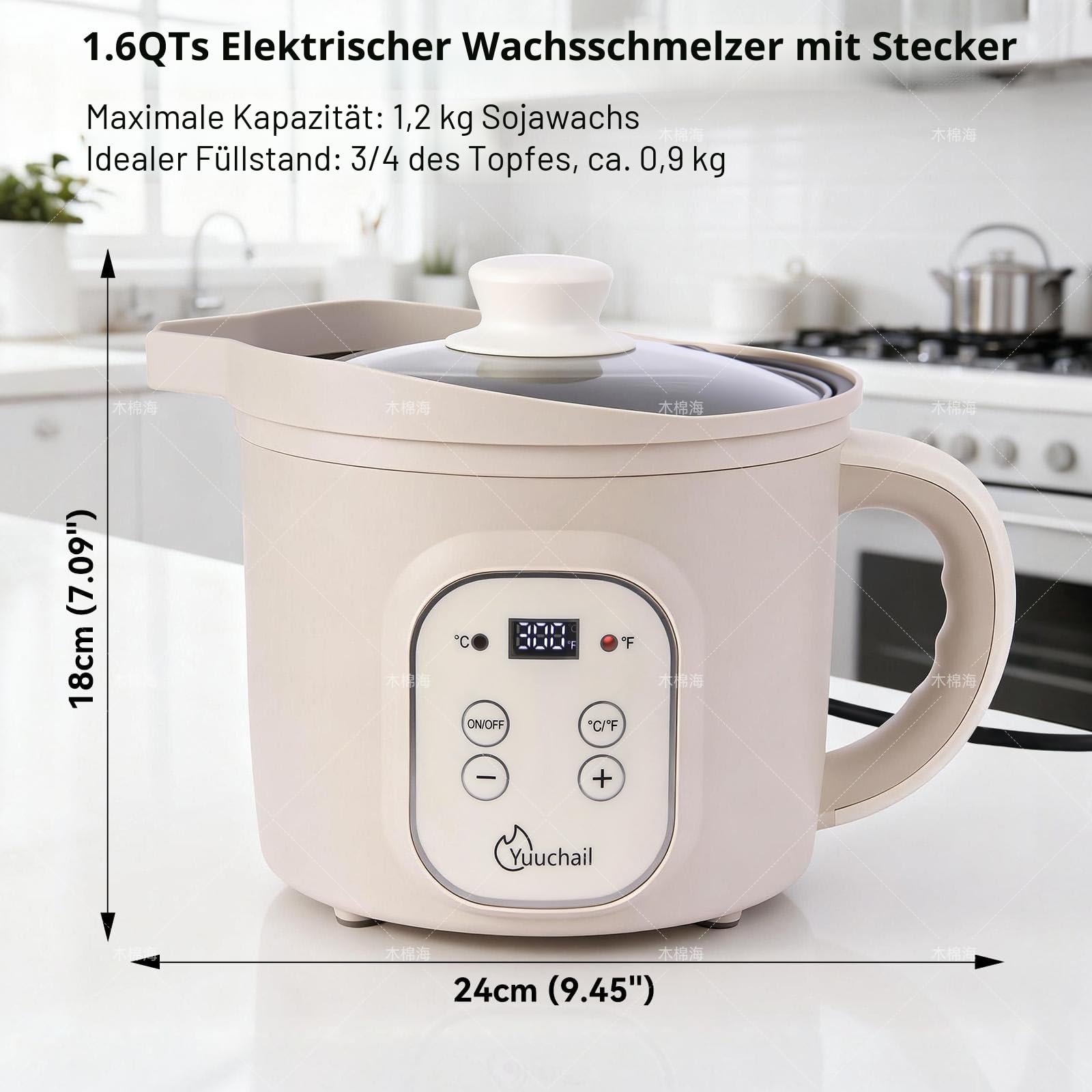 Elektrischer Wachsschmelzer mit Digitalanzeige, 1,5 l, 30–150 °C, automatische Abschaltung